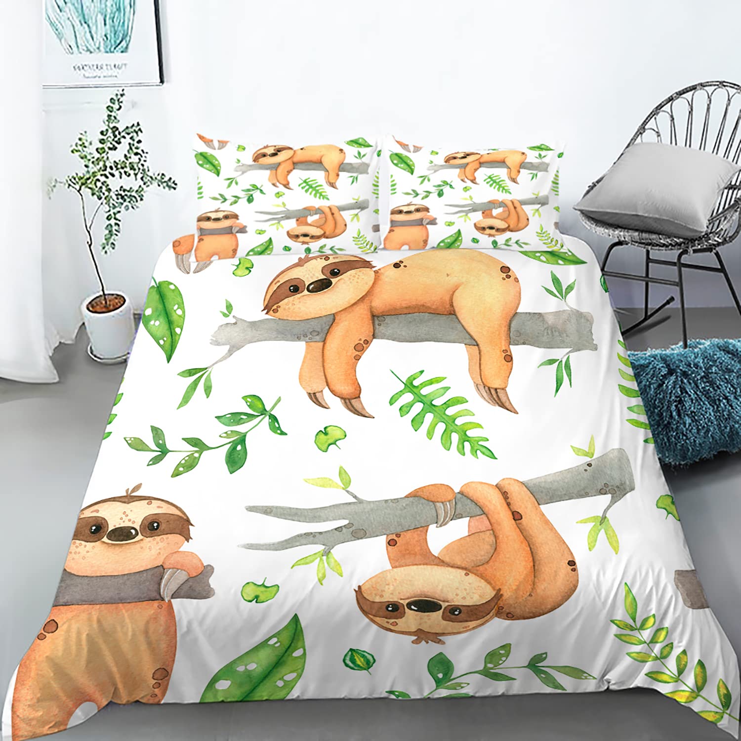 Cartoon Sloth Duvet Cover Set Queen Size - 3 Piece Sloth Printed Bedding Set with 1 Quilt Cover & 2 Pillowcases for Kids, Girls & Boys | Perfect for Kids' Bedrooms, Sleepovers & Sloth-Themed Decor