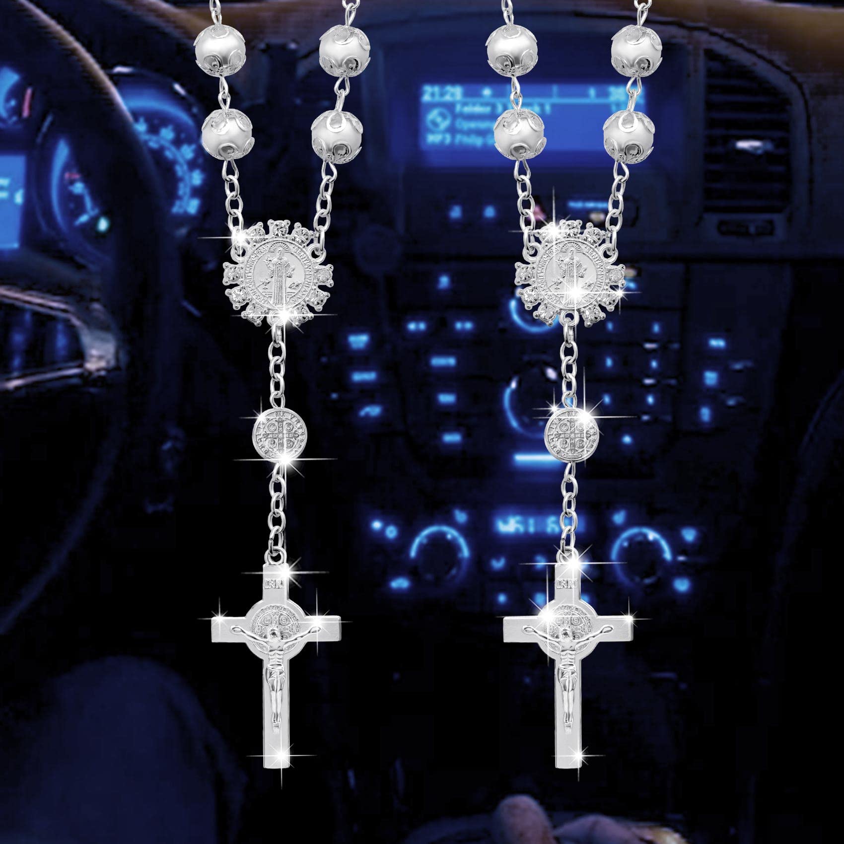 PAGOW 2-Piece Bling Crystal Car Rosary for Mirror - Catholic Cross Blessing Pendant Hanging Accessories for Women - Perfect for Car Rearview Mirror Decor & Religious Gift