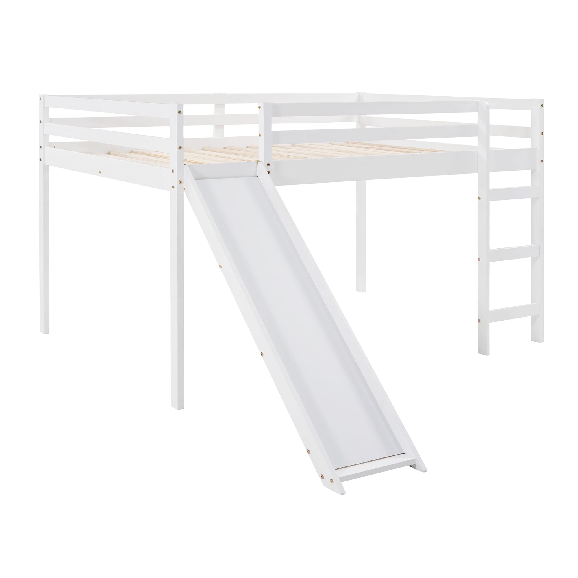 **Full Size Loft Bed with Slide & Ladder - Sturdy Wooden Low Loft Bed Frame for Kids, Teens, Boys & Girls - Safety Rail Included - No Box Spring Needed - Easy Assembly (White) - Perfect for Small Bedrooms, Playrooms & Dorm Rooms**