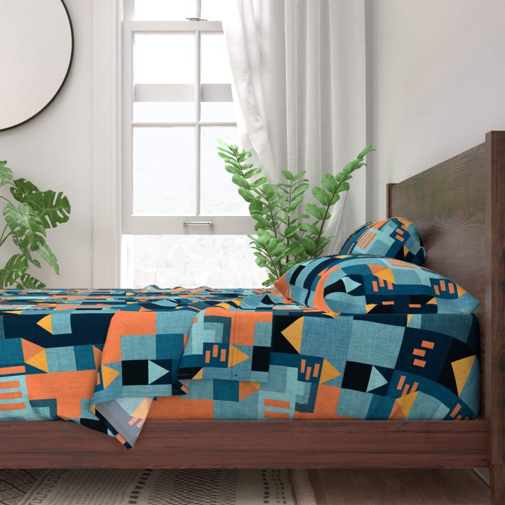 Bauhaus Blue Orange Geometric Print 100% Cotton Twin Sheet Set (3-Piece) | Modern Abstract Bedding for Contemporary Home Decor | Perfect for Guest Rooms, Dorms & Bohemian Style Bedrooms