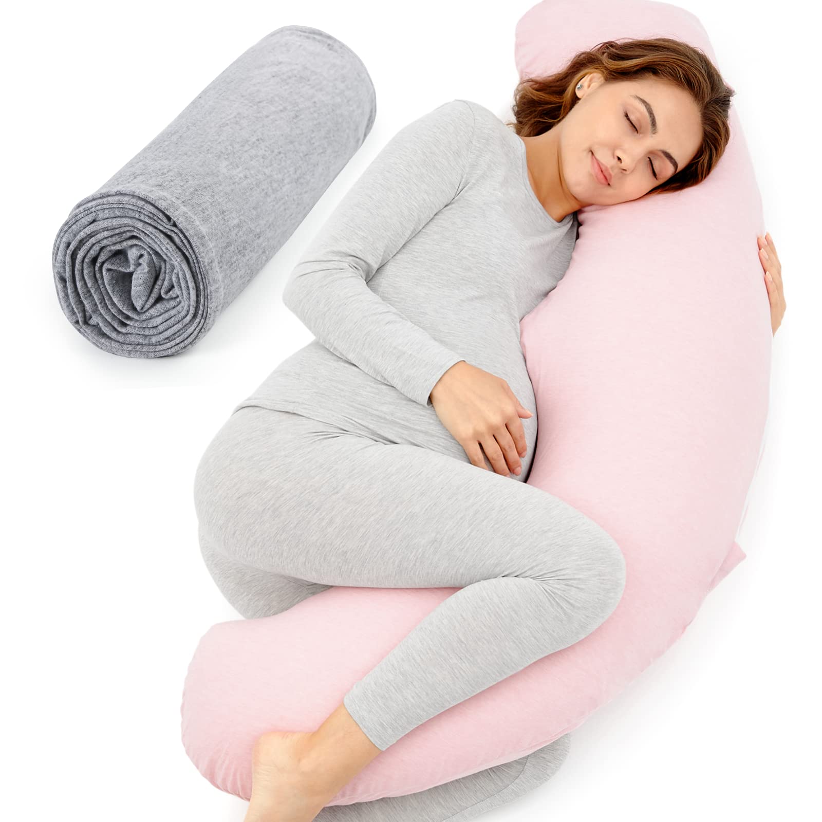 Momcozy J-Shaped Maternity Body Pillow with Removable Cover - Pregnancy Pillow for Head, Neck & Belly Support - Soft & Comfortable Sleeping Aid for Expecting Mothers - Perfect for Side Sleeping, Back Pain Relief & Pregnancy Comfort (Pink)