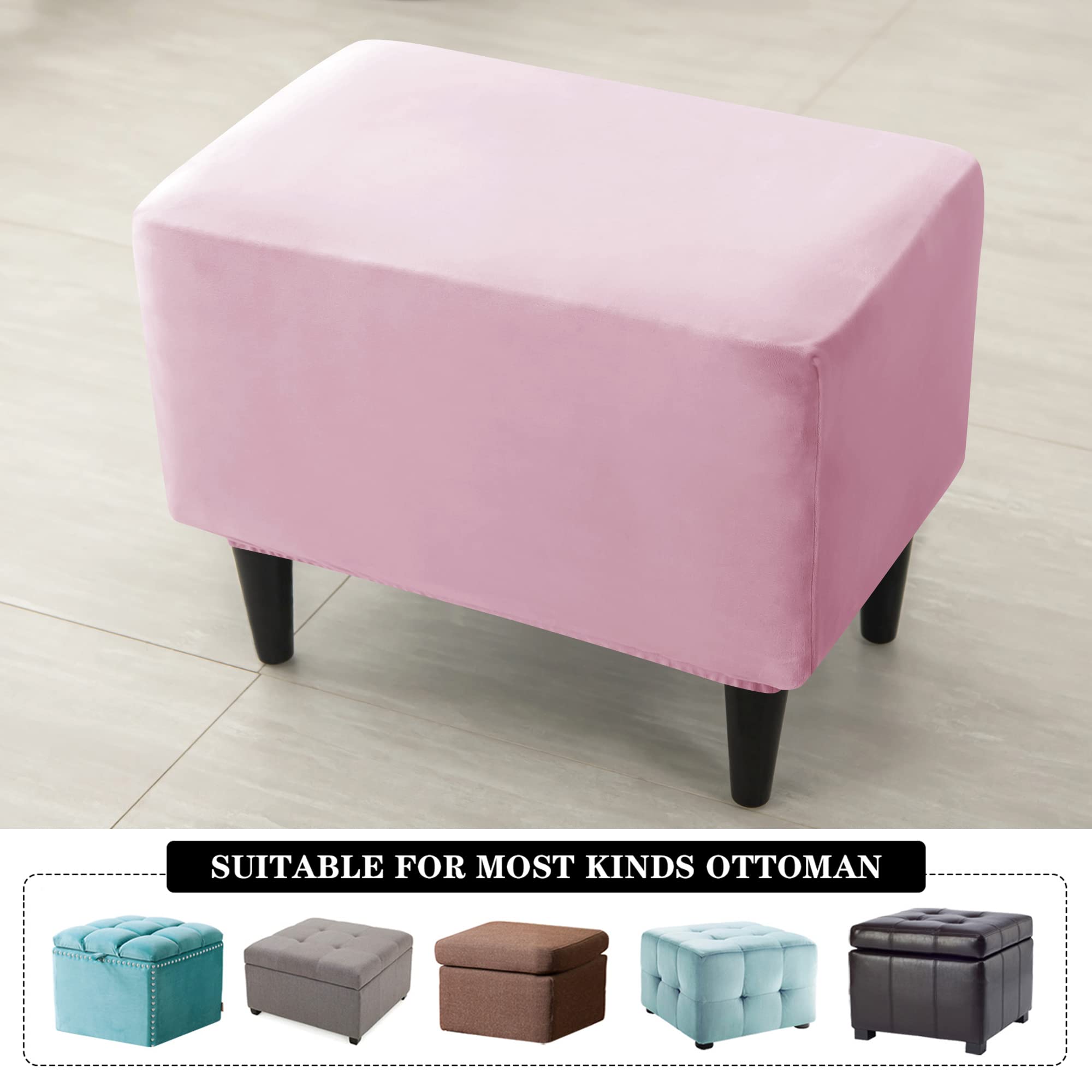 Velvet Ottoman Slipcover - Stretch Rectangle Storage Stool Cover, Soft Footstool Protector for Living Room Furniture (Pink) - Perfect for Sofa Sets, Home Decor & Cozy Reading Nooks