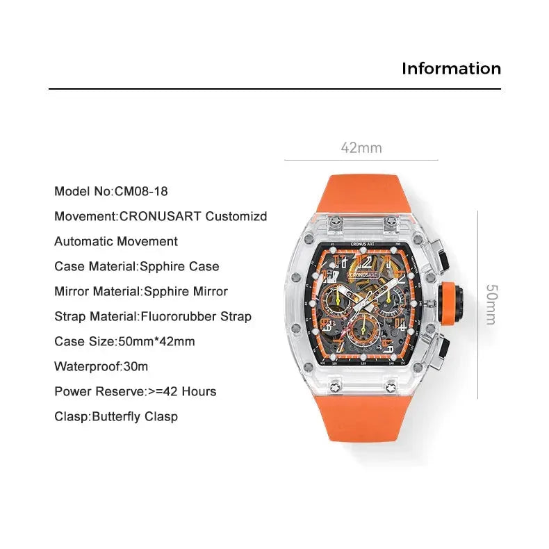 CRONUSART Men's Chronograph Watch 50mm x 42mm Tonneau Mechanical Wristwatch with Sapphire Crystal Case, Luminous Fluororubber Strap & Skeleton Dial - Perfect for Business, Casual Wear & Outdoor Activities