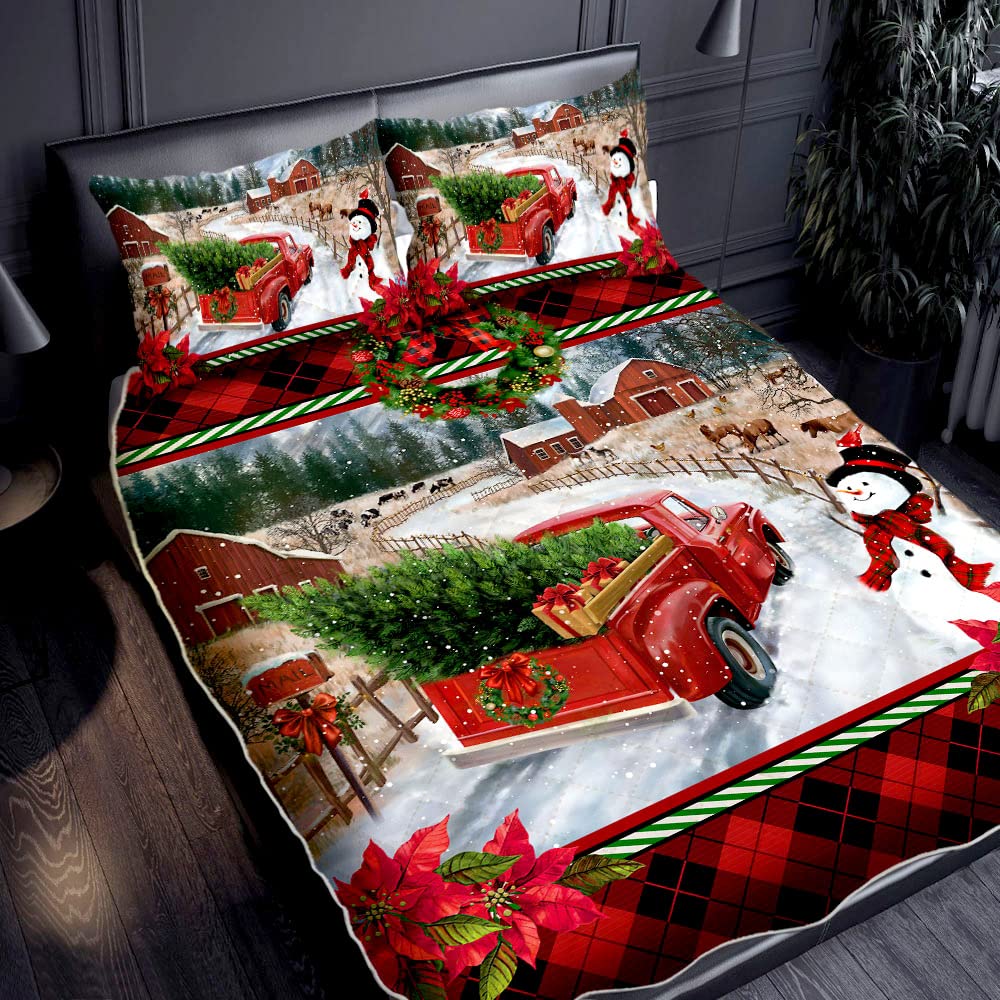 GEEMBI Snowman & Red Truck Christmas Bedding Set - King Size Quilt & Pillow Covers for Holiday Home Decor - Perfect for Women, Men, Kids Bedroom - Cozy Winter Bedding for Christmas Celebrations