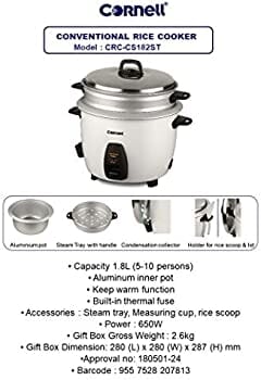 Cornell Rice 1.8L Traditional Rice Cooker CRCCS182ST - Perfect for Home, Dorm & Small Kitchen Use