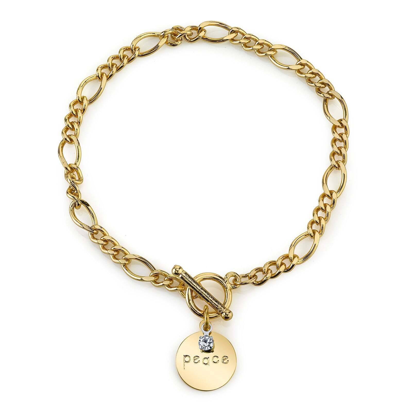 1928 Jewelry Peace Crystal Accent Figaro Chain Toggle Bracelet for Women - Elegant Adjustable Wristwear for Everyday Wear, Gift Giving & Special Occasions