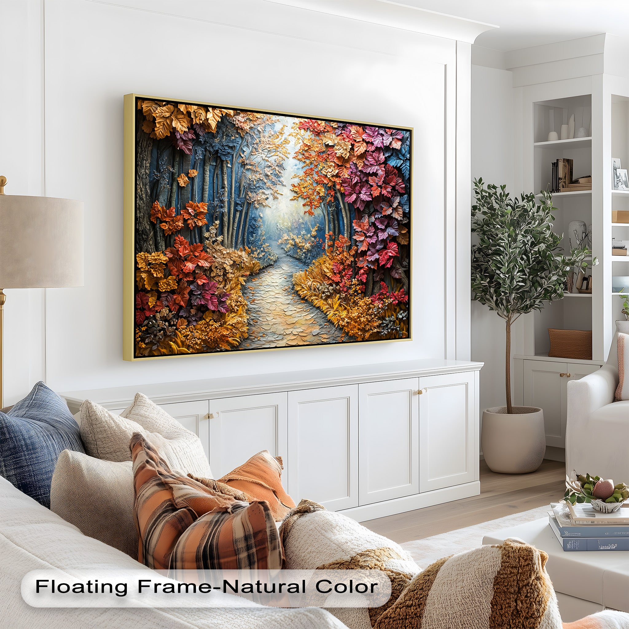 Autumn Path Framed Wall Art - Modern Forest Landscape Oil Painting for Living Room, Bedroom & Office Decor