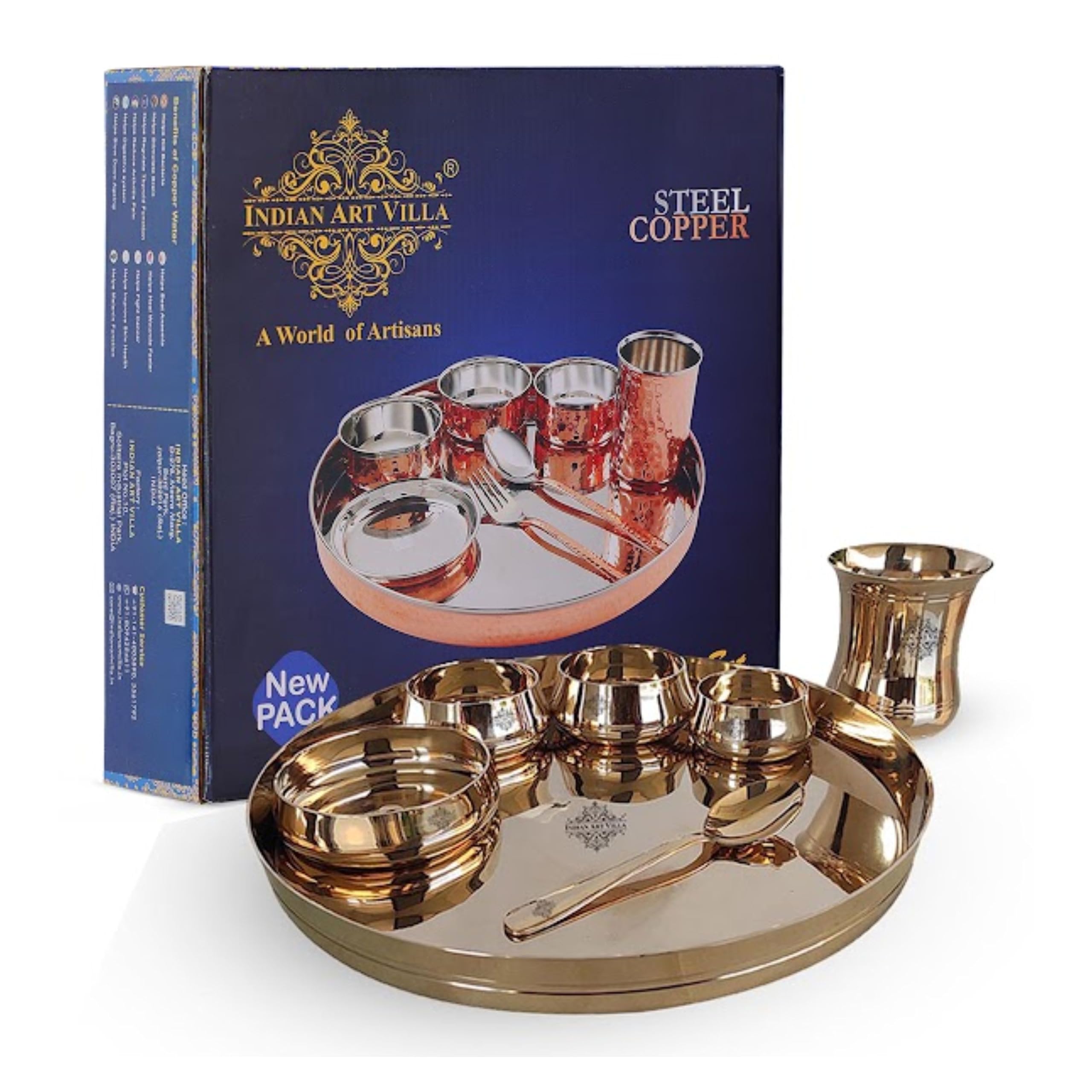 Indian Art Villa Pure Bronze 7-Piece Dinner Set - 1 Thali, 1 Glass, 1 Halwa Plate, 1 Spoon, 2 Bowls & 1 Small Chutney Bowl in Gold Finish | Elegant Dining Set for Indian Cuisine, Wedding Gifts & Home Decor