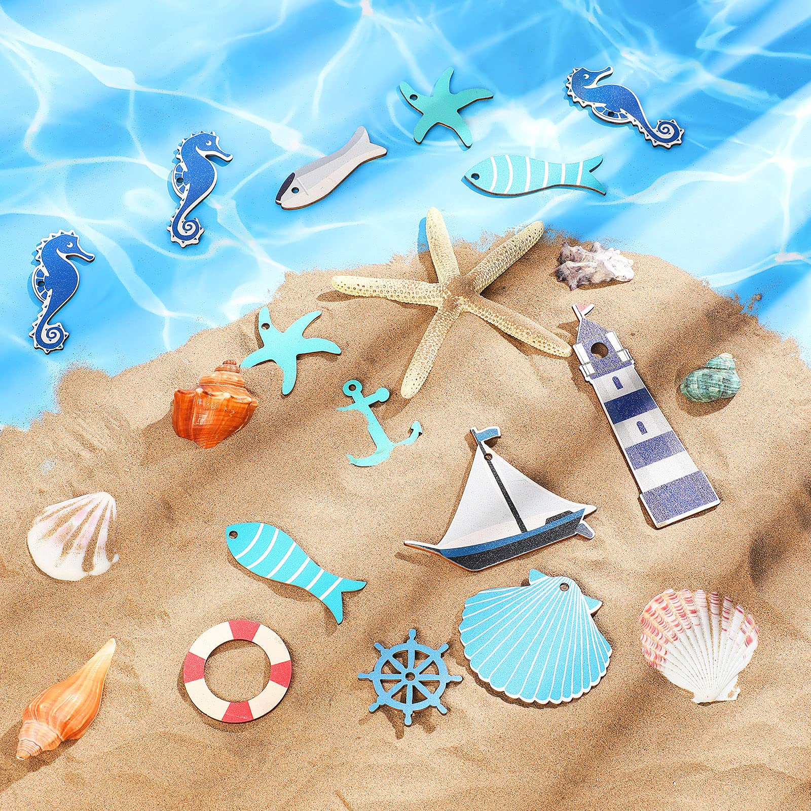 40-Piece Coastal Cruise Ship Miniature Beach Themed Wooden Decor Set - Anchors, Steering Wheels, Lighthouses, Starfish, Seashells, Seahorses & Sailboats - Perfect for Home Wall Decor, Crafts, Beach House & Nautical Themed Rooms