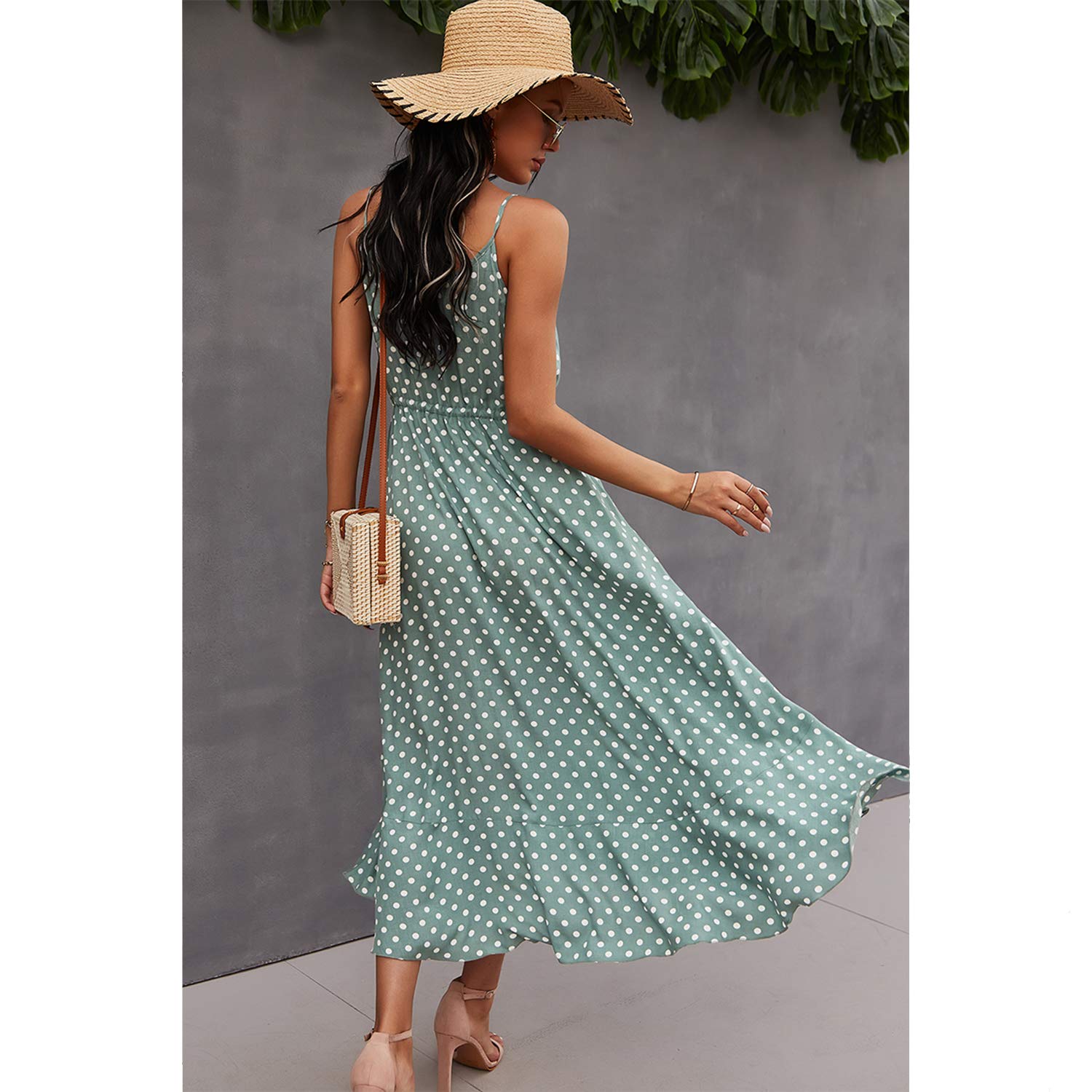 BROVAVE Women's 2025 Summer Boho Flowy Midi Dress - Polka Dot Print, Spaghetti Strap, V-Neck, Casual Sundress for Beach, Vacation & Outdoor Parties