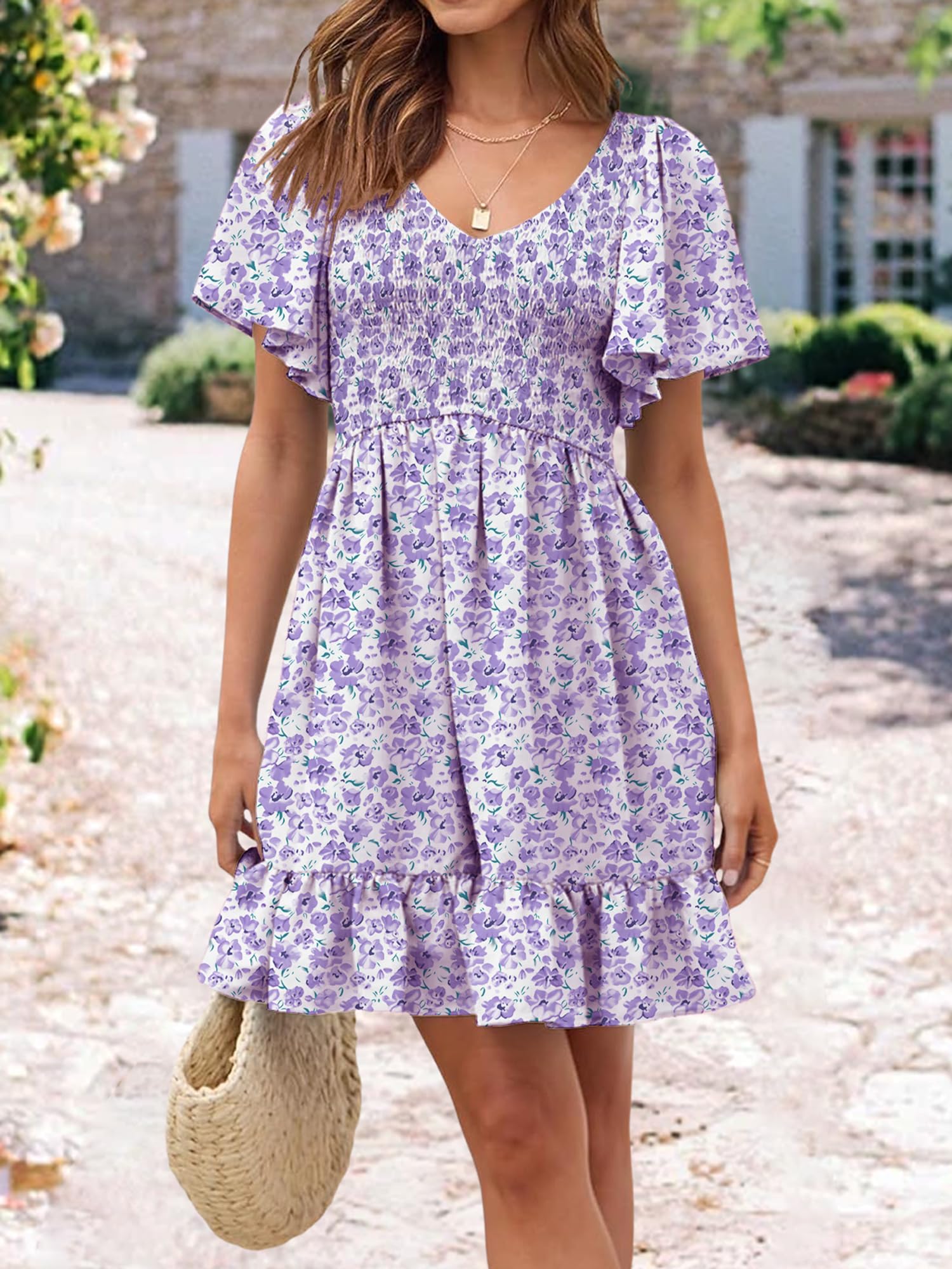 Women's Floral Smocked V-Neck Flutter Sleeve Sundress with Pockets - Casual Spring Summer Dress 2025 - Perfect for Beach, Vacation, and Outdoor Parties