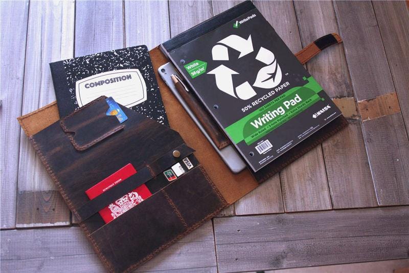 Custom Engraved Leather iPad Case with Pencil Holder - Personalized Name & Monogram - Perfect for Work, Travel & School Accessories