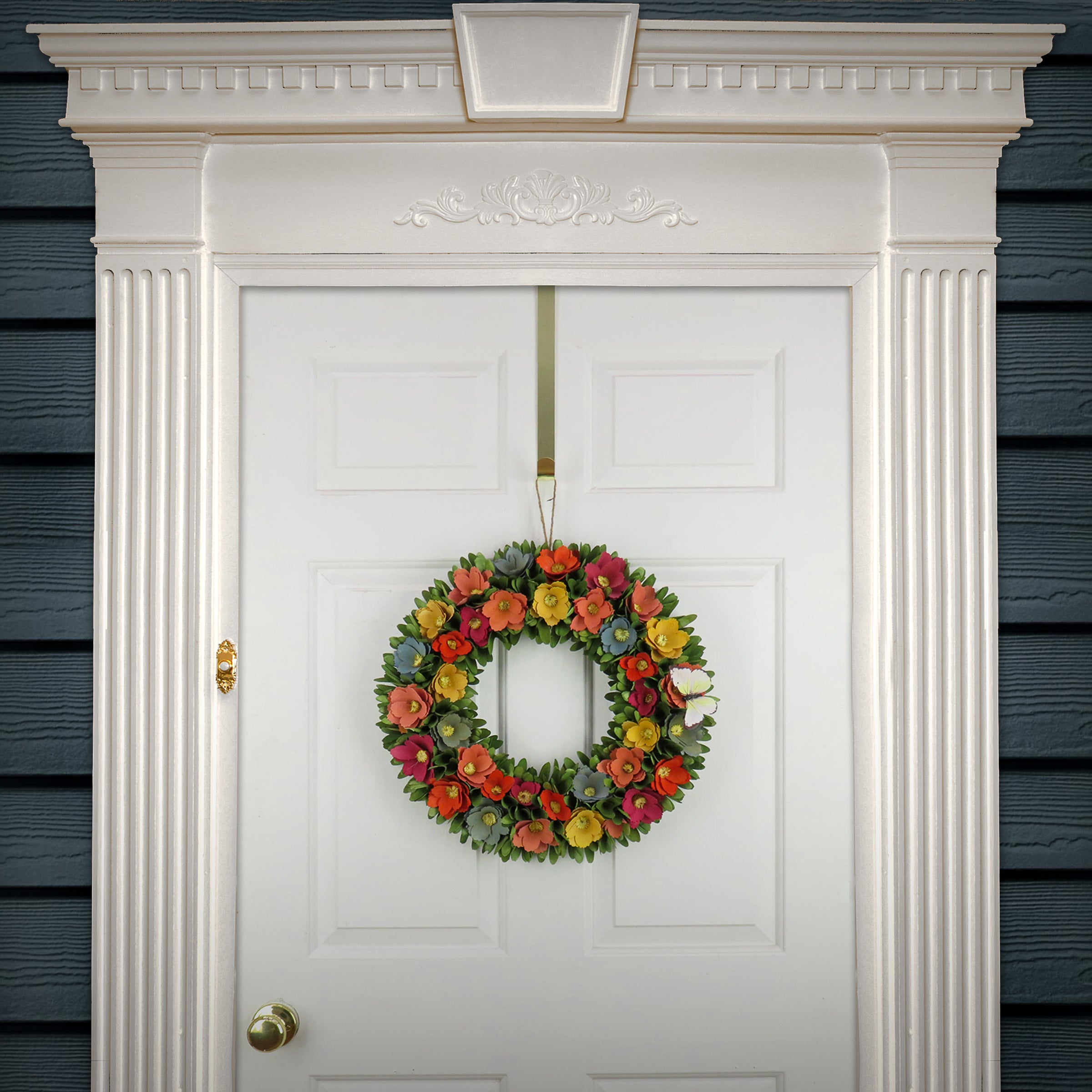 20 Inch Spring Wreath with Colorful Wooden Cut Flowers & Flowing Green Leaves - Perfect for Front Door Decor, Easter Home Decorations & Seasonal Wall Hanging