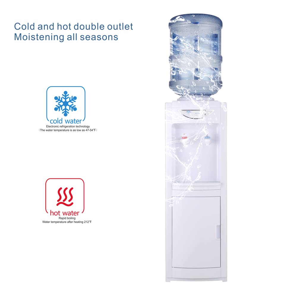 5 Gallon Top Loading Water Cooler Dispenser with Hot & Cold Water - Child Safety Lock, Storage Cabinet for Home & Office Use - White | Perfect for Kitchen, Break Room, or Office Hydration Station