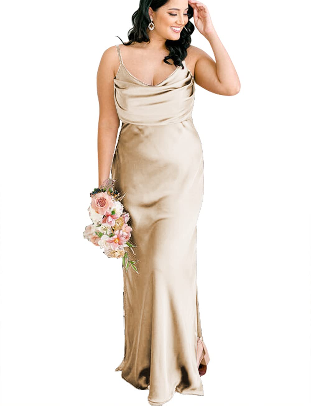 Boho Satin Bridesmaid Dress for Women - Long Cowl Neck Formal Evening Gown with Side Slit for Weddings, Proms & Special Occasions - Style M008