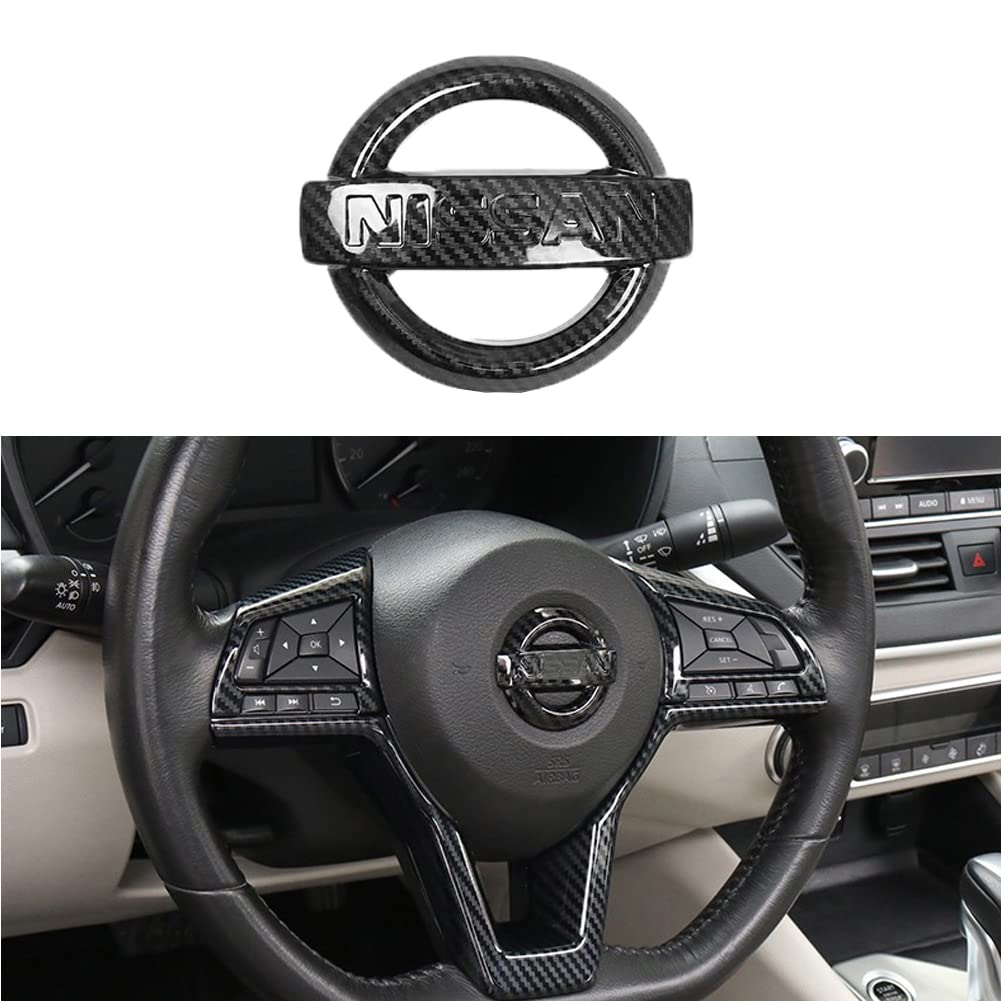 MAXDOOL Carbon Fiber Steering Wheel Logo Cover Sticker - Interior Accessories for Nissan Rogue, Altima, Sentra, Kicks, Leaf, Versa, Maxima, Pathfinder - Enhance Your Car Interior with Stylish Carbon Fiber Trim (Perfect for Customization & Car Shows)