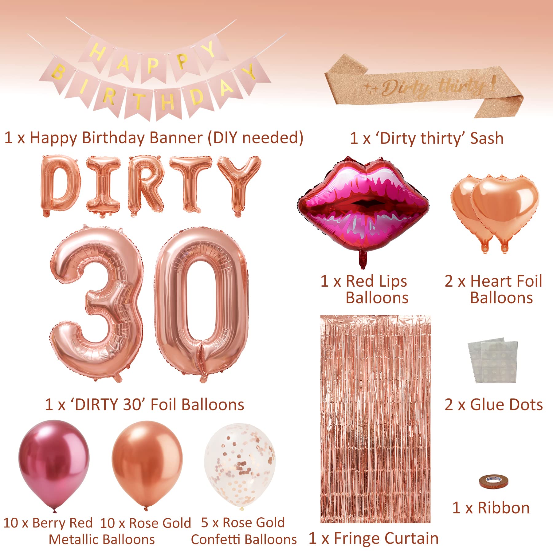 30th Birthday Decorations Set - Rose Gold Happy Birthday Banner, Foil Curtains, Dirty 30 Balloons & Sash for Women - Perfect for Birthday Parties, Milestone Celebrations & Photo Backdrops
