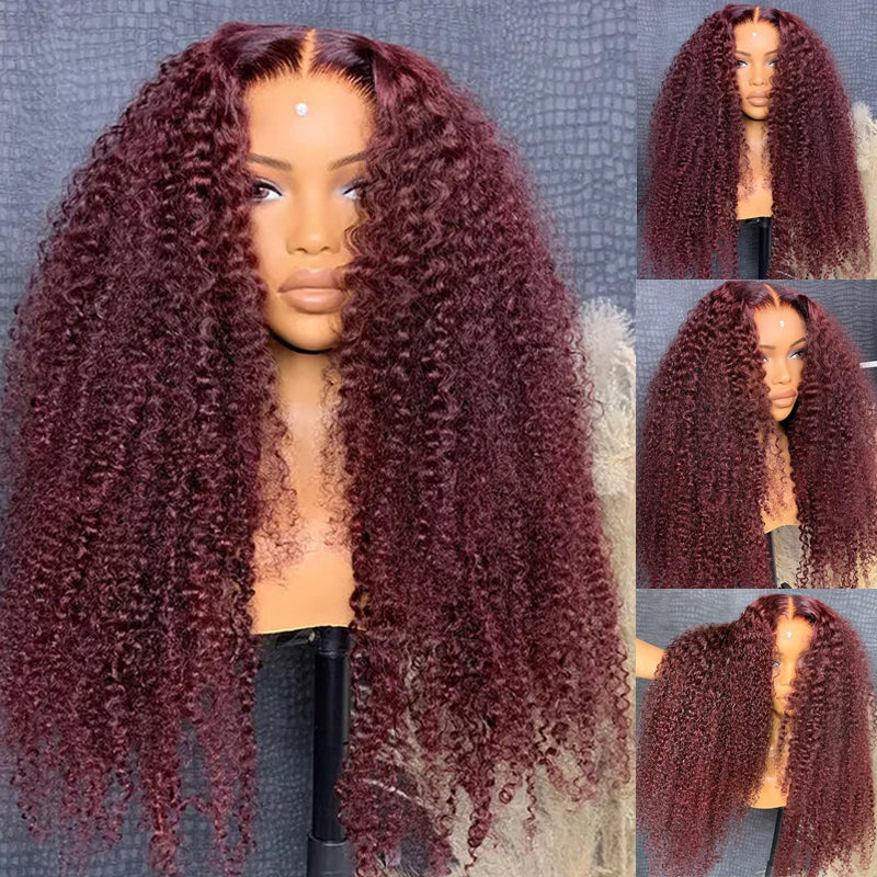 Eullair #99J Burgundy Kinky Curly Lace Frontal Wig - Glueless Human Hair Wig with Natural Hairline for African American Women | Perfect for Daily Wear, Parties & Special Occasions
