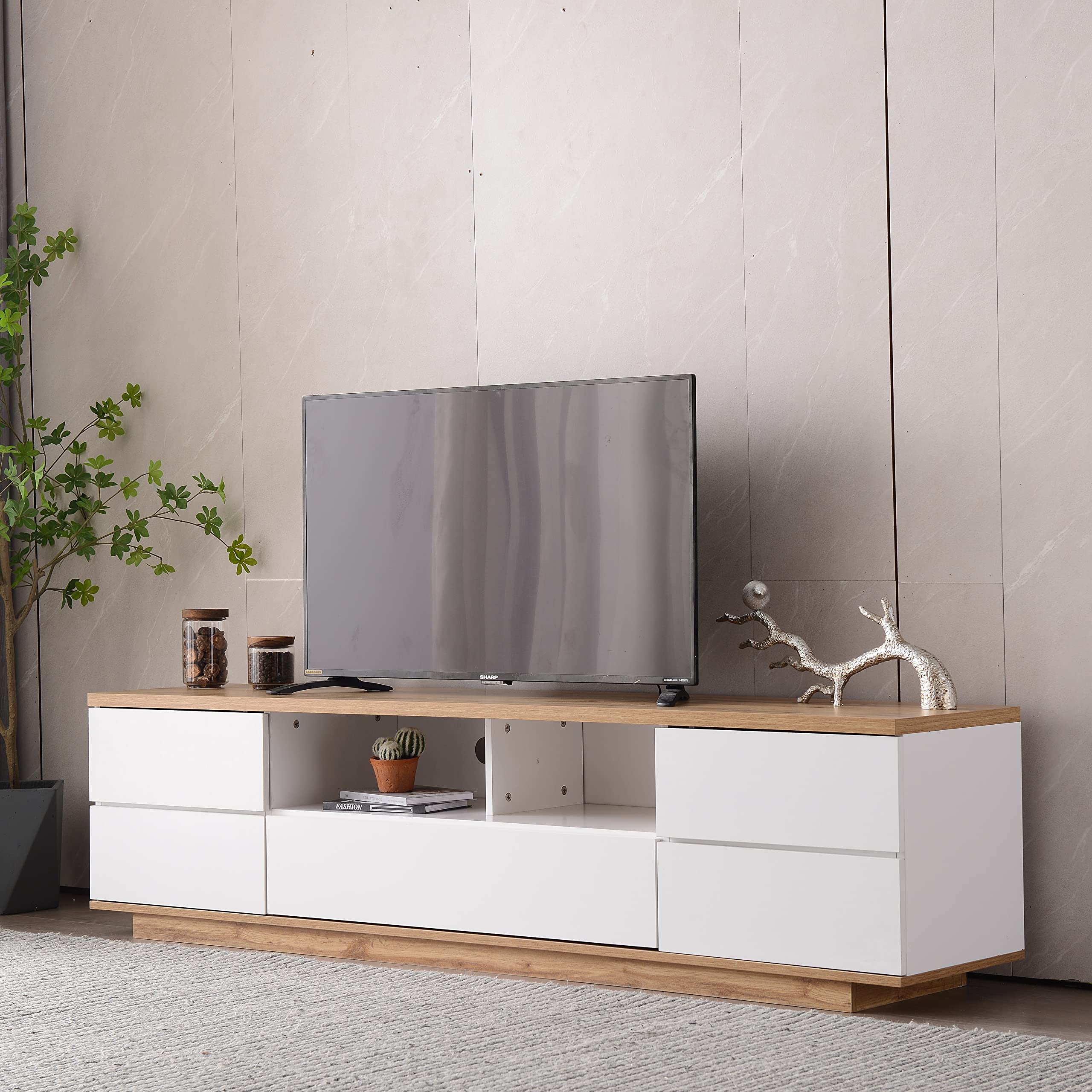 Modern White Merax Wood TV Stand Entertainment Center with Storage Cabinets & Open Shelves - 80