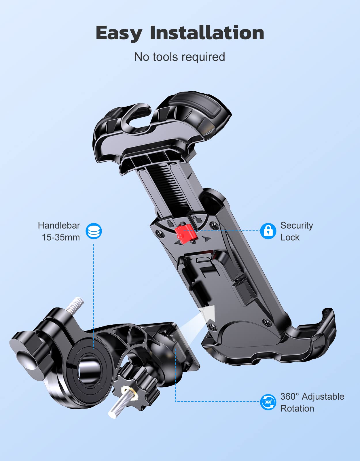 Rolgno Universal Bike Phone Mount - 360° Rotatable Motorcycle Phone Holder with Secure Lock & Detachable Design | Compatible with iPhone 16/15/14/13/12, Samsung Galaxy S24/S23/S22 & 4.7-6.8