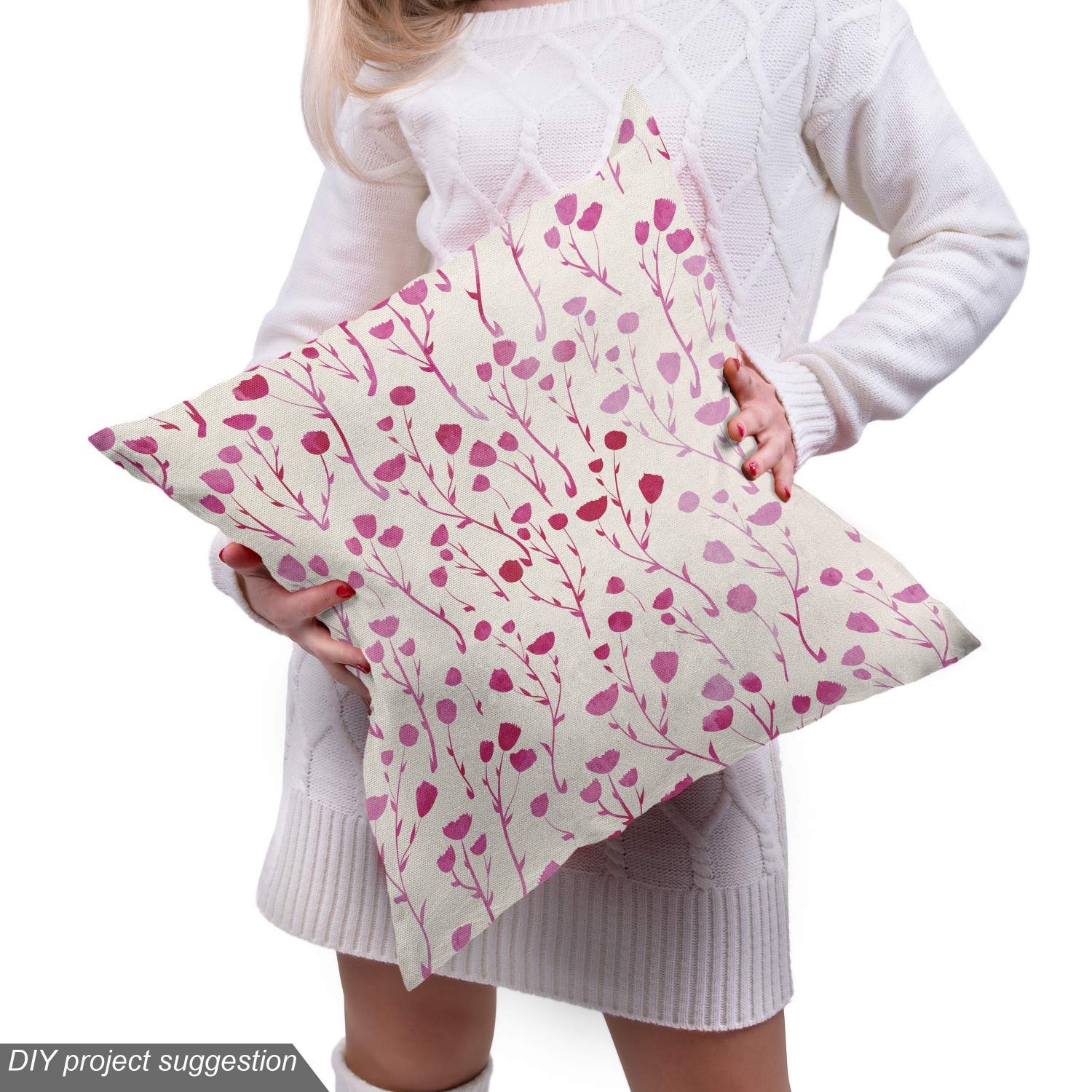 Ambesonne Spring Floral Fabric by The Yard - Doodle Silhouette Flowers Romantic Flourishing Pattern | Decorative Upholstery & Home Decor Fabric (10 Yards, Pink Ivory) | Perfect for DIY Curtains, Pillow Covers & Craft Projects