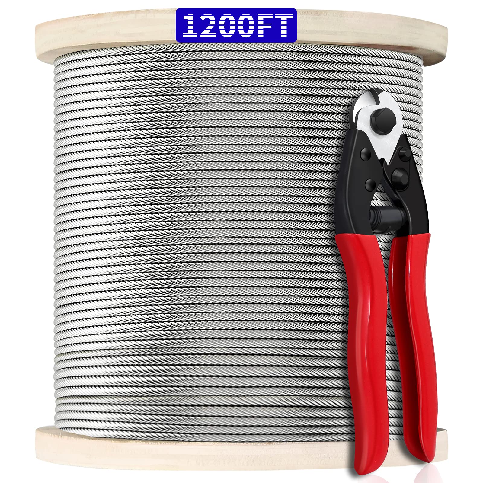 1/8 Inch 1200FT T316 Stainless Steel Wire Rope - 7x7 Strand Aircraft Cable for Deck Railing Kits, DIY Balustrades & Fencing - Includes Cutter - Perfect for Home Deck, Porch, Staircase & Outdoor Railings