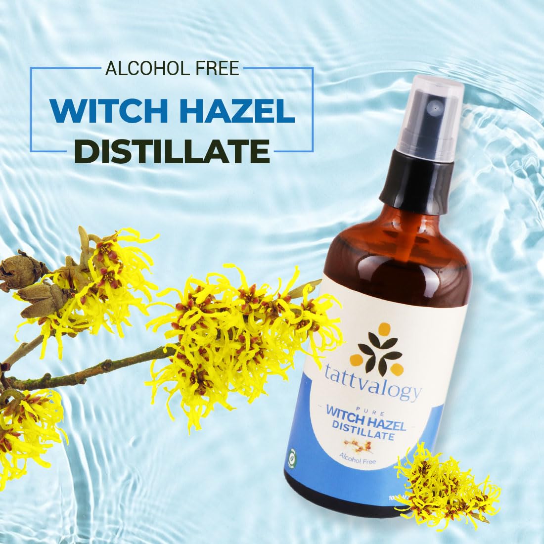 Tattvalogy Alcohol-Free Witch Hazel Distillate (100ml) - Natural Skin Toner & Astringent for Face & Body | Soothes, Calms & Refreshes Skin | Extracted from Hamamelis Virginiana | Perfect for Daily Skincare Routine, Post-Shave Treatment & Acne-Prone Skin Care