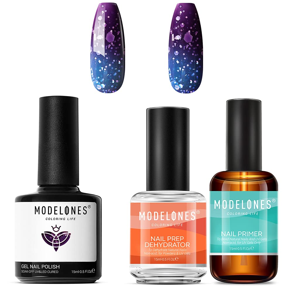 Modelones 3Pcs Nail Primer & Dehydrator Kit with Color Changing Gel Polish - Professional Nail Prep for Long-Lasting Manicures at Home or Salon