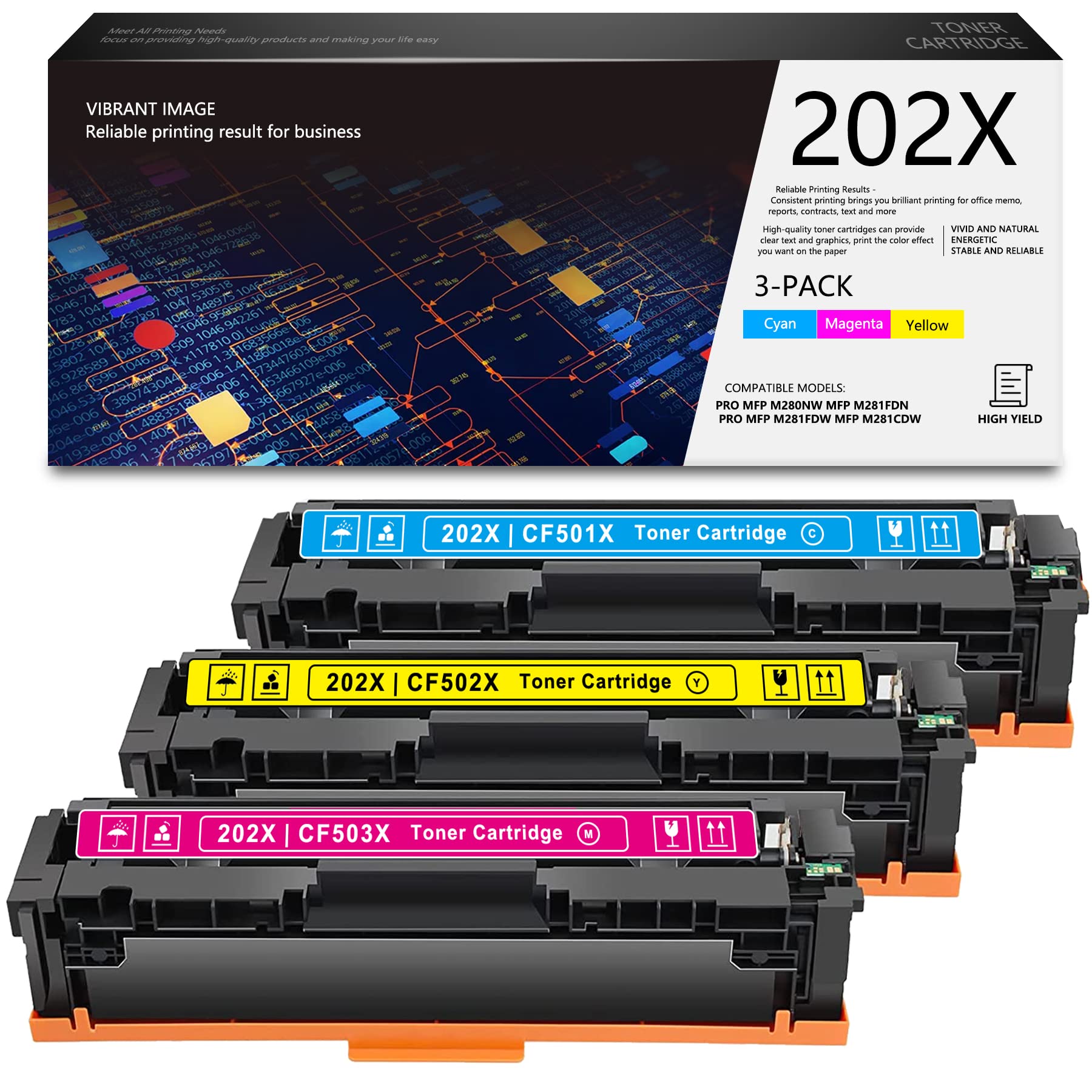 High-Yield CF501X CF502X CF503X Toner Cartridges - Compatible Replacement for HP 202A CF501A CF502A CF503A (Cyan, Magenta, Yellow) - Works with HP M281fdw, M281cdw, M254dw, M281fdn, M254, M281 Printers - 3-Pack for Home & Office Printing Needs