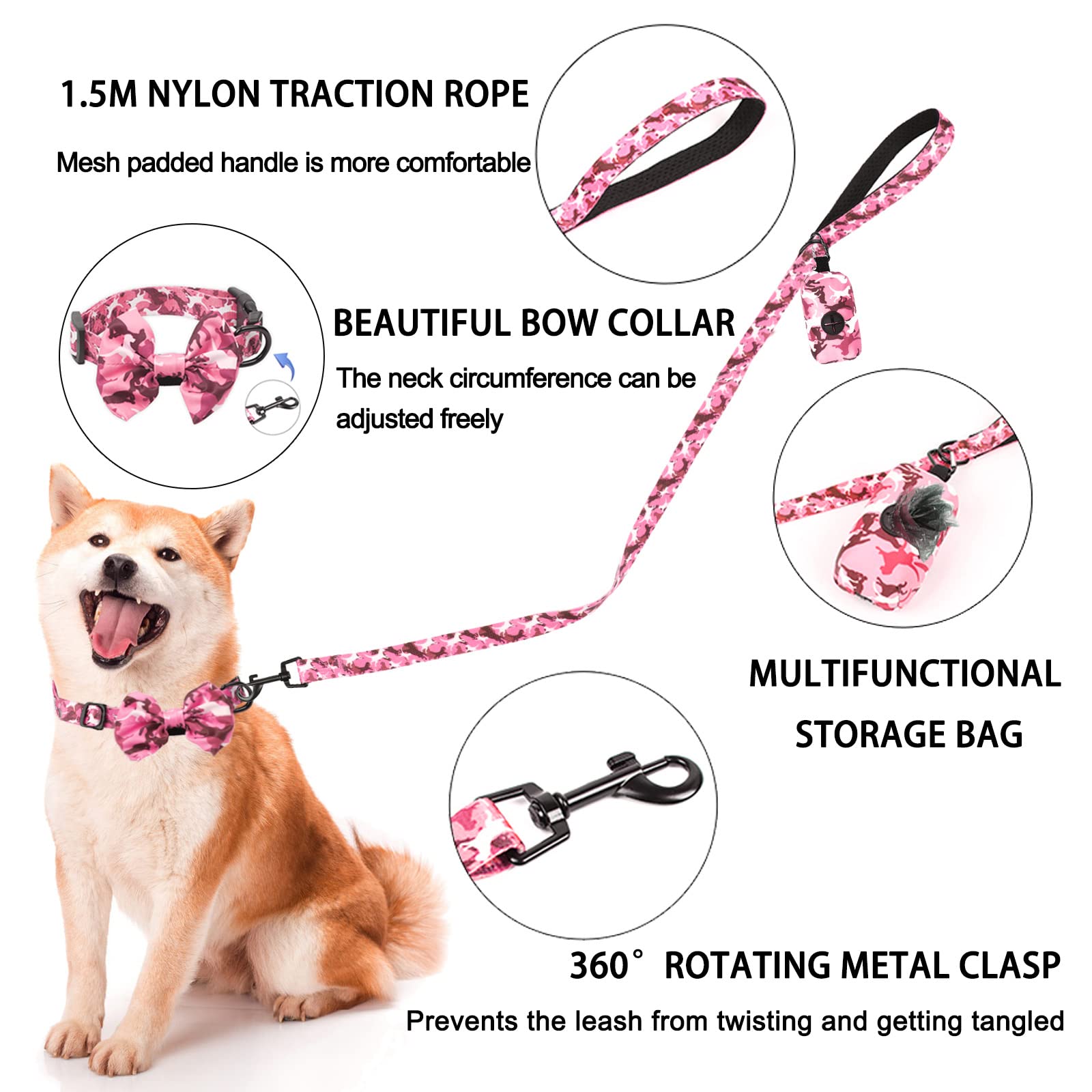 **Adjustable Reflective No-Pull Dog Harness & Leash Set for Small Dogs & Puppies - Pink Camouflage (Size L) with Bow-Tie Collar & Poop Bags - Perfect for Walking, Training & Outdoor Adventures**