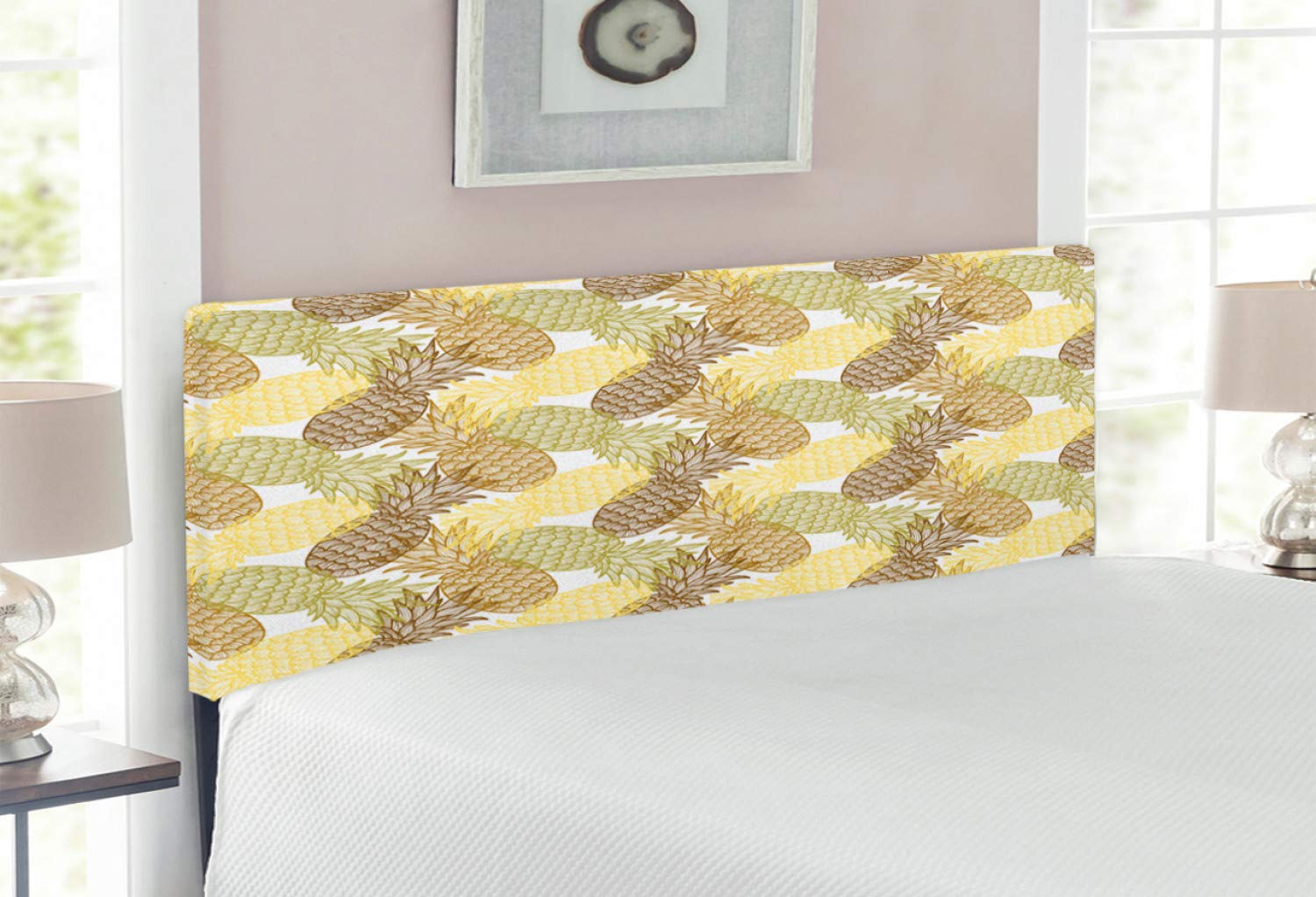 Ambesonne Pineapple Print Upholstered Headboard - Full Size Metal Bed Frame with Memory Foam, Tropical Summer Theme Decor for Bedroom, Guest Room or Vacation Home