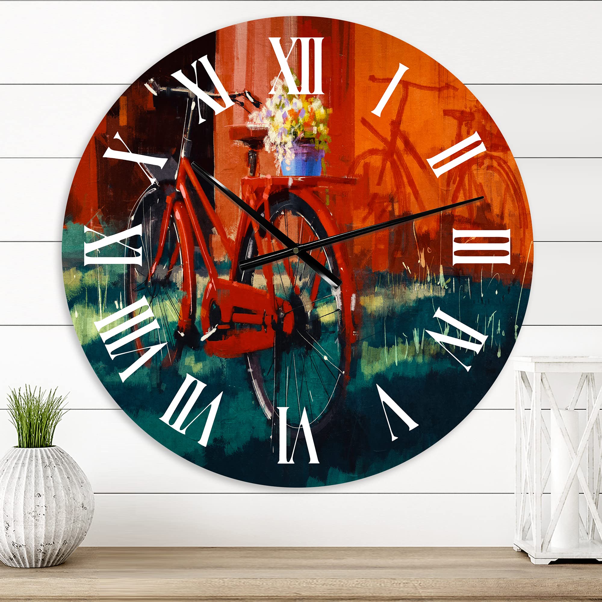 Vintage Wall Clock - Red Bicycle with Bucket Design, Large Decorative Wall Clock for Bedroom, Living Room, Office | Perfect Home Decor & Unique Gift Idea