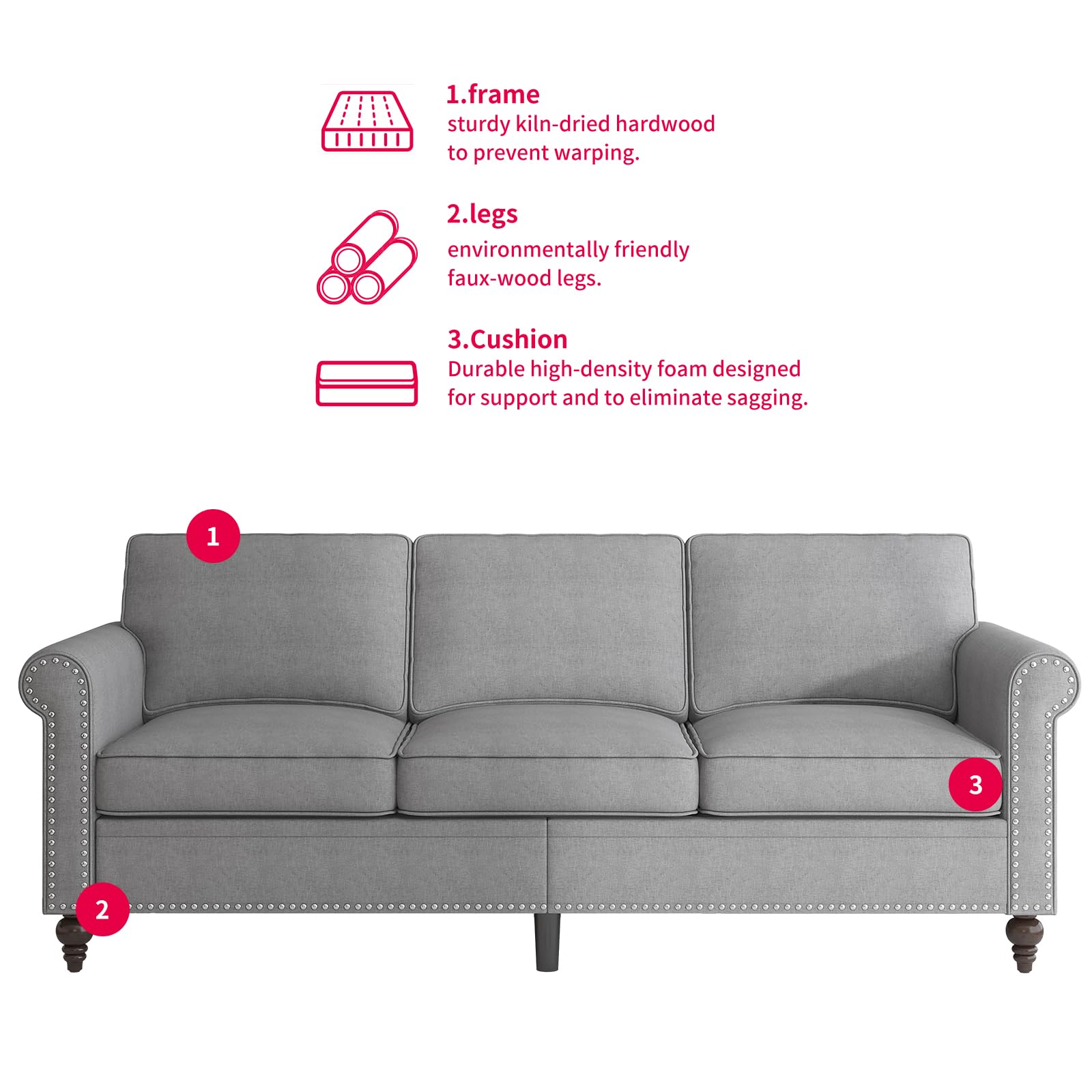 MUZZ 3-Piece Modern Linen Sectional Sofa Set with Nailhead Trim - 6-Seater Living Room Furniture (Sofa, Loveseat & Chair) in Light Grey - Perfect for Family Gatherings & Cozy Home Decor