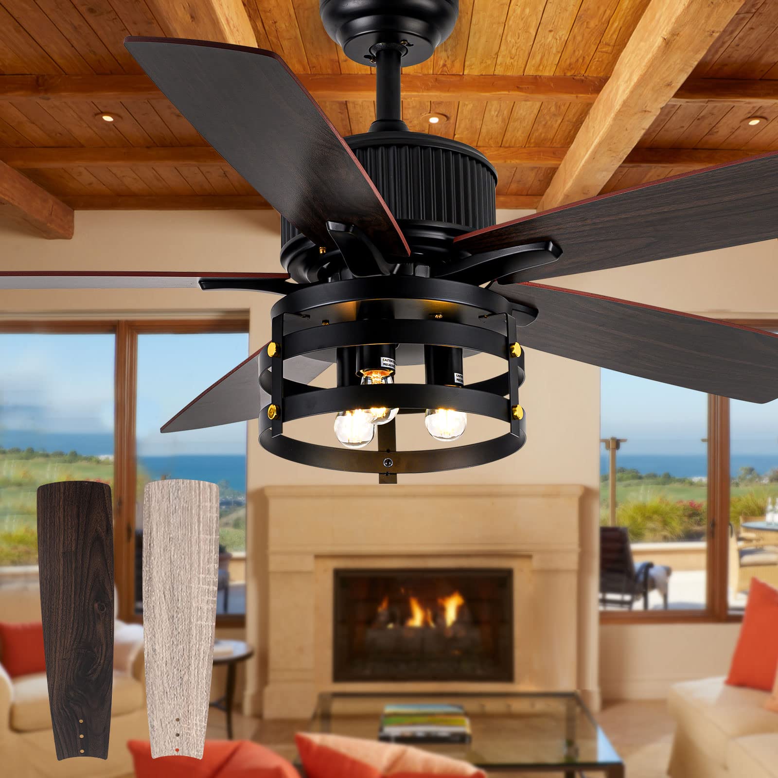 52 Inch Farmhouse Rustic Ceiling Fan with Lights - Industrial Style Outdoor/Indoor Reversible Fan with Large Airflow, Dual Finish Blades & Timer - Perfect for Patio, Living Room, Bedroom and Covered Porch