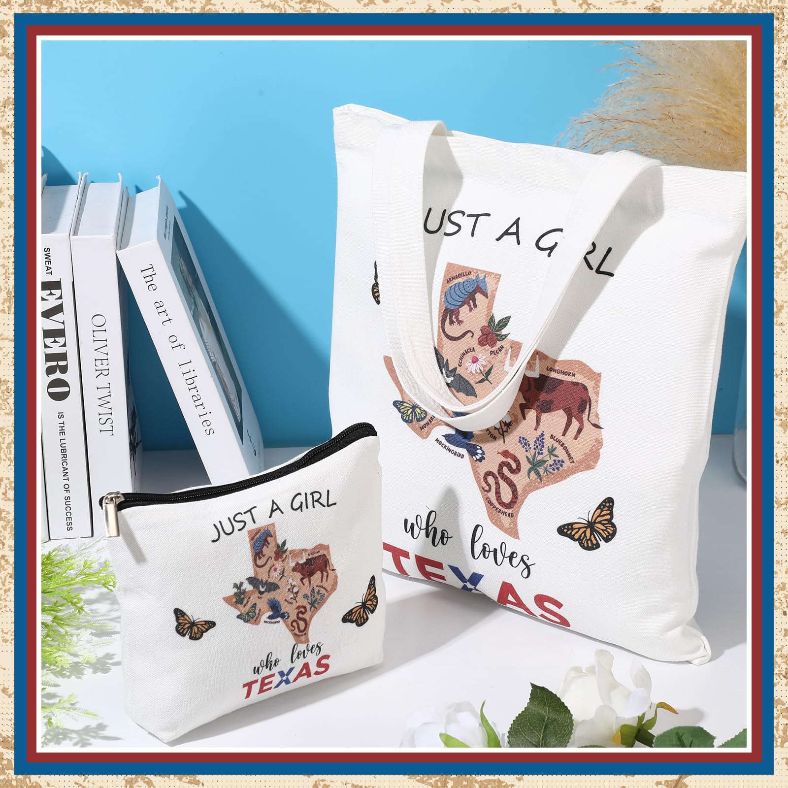 Texas Gift Set - 2 Pcs Canvas Tote Bag & Makeup Bag for Women | Souvenirs, Bachelorette Party Gifts | Perfect for Travel, Shopping & Texas-Themed Events