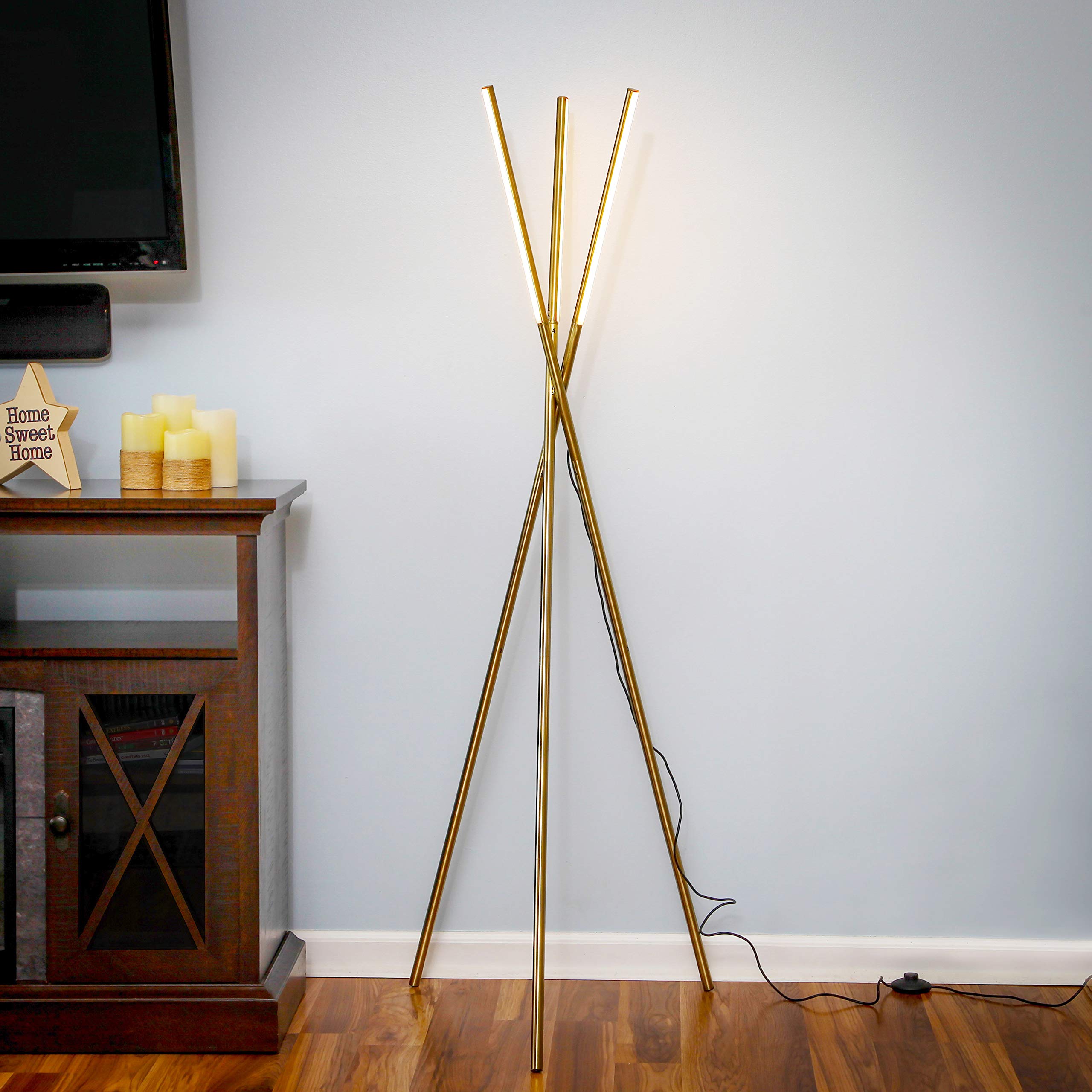 Brightech Stix LED Tripod Floor Lamp - Dimmable Modern Standing Light with 3 Adjustable Lights for Living Room, Bedroom & Office - Gold/Antique Brass Finish | Perfect for Reading, Working & Ambient Lighting