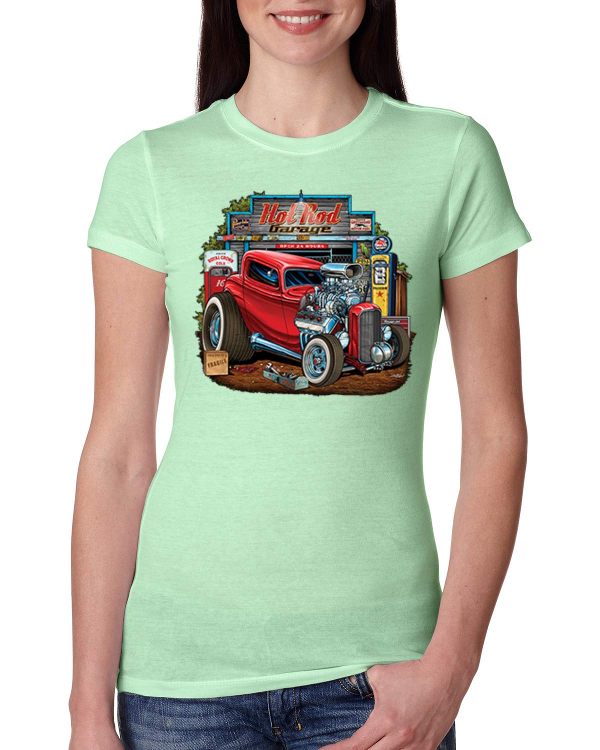 Vintage Hot Rod Old Garage Cars and Trucks Women's Slim Fit Junior T-Shirt - Mint Green, Size Large | Retro Style Tee for Casual Wear, Car Enthusiast Outfits, and Vintage Fashion Lovers