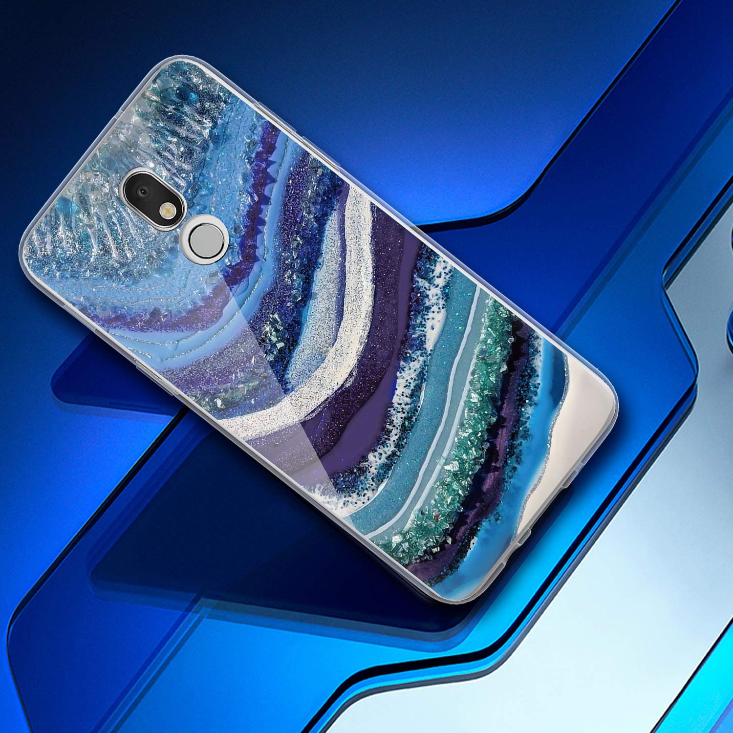 Premium Shockproof Phone Case for LG K40/K12 Plus/X4/Solo LTE/Harmony 3/Xpression Plus 2 - Matte Marble Design with Tempered Glass Screen Protector - Slim Protective Cover (White/Blue) - Perfect for Work, Travel & Everyday Use