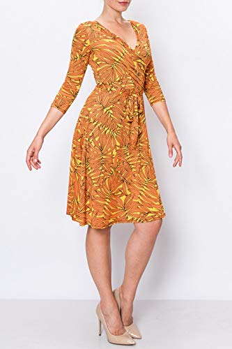 Women's 3/4 Sleeve Faux Wrap Midi Dress - Made in USA, Knee Length Summer Dress for Wedding Guest, Party, Bridal, Baby Shower & Maternity Nursing - Orange & Yellow Floral Print | Perfect for Outdoor Events, Beach Weddings & Special Occasions