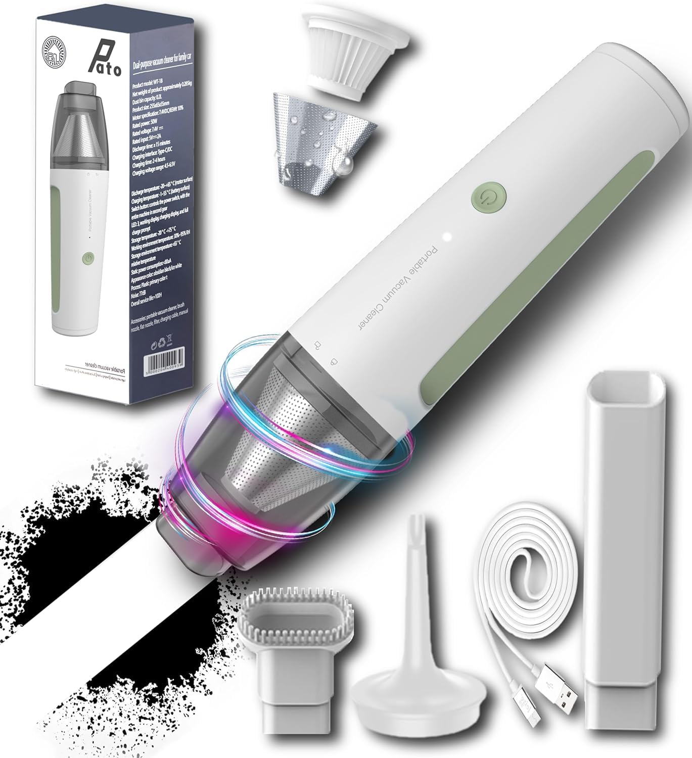 PATO Cordless Handheld Vacuum Cleaner - Powerful Suction Mini Car Vacuum, Portable Dust Collector for Home & Car Cleaning - White | Ideal for Pet Hair, Crumbs, and Small Debris Removal