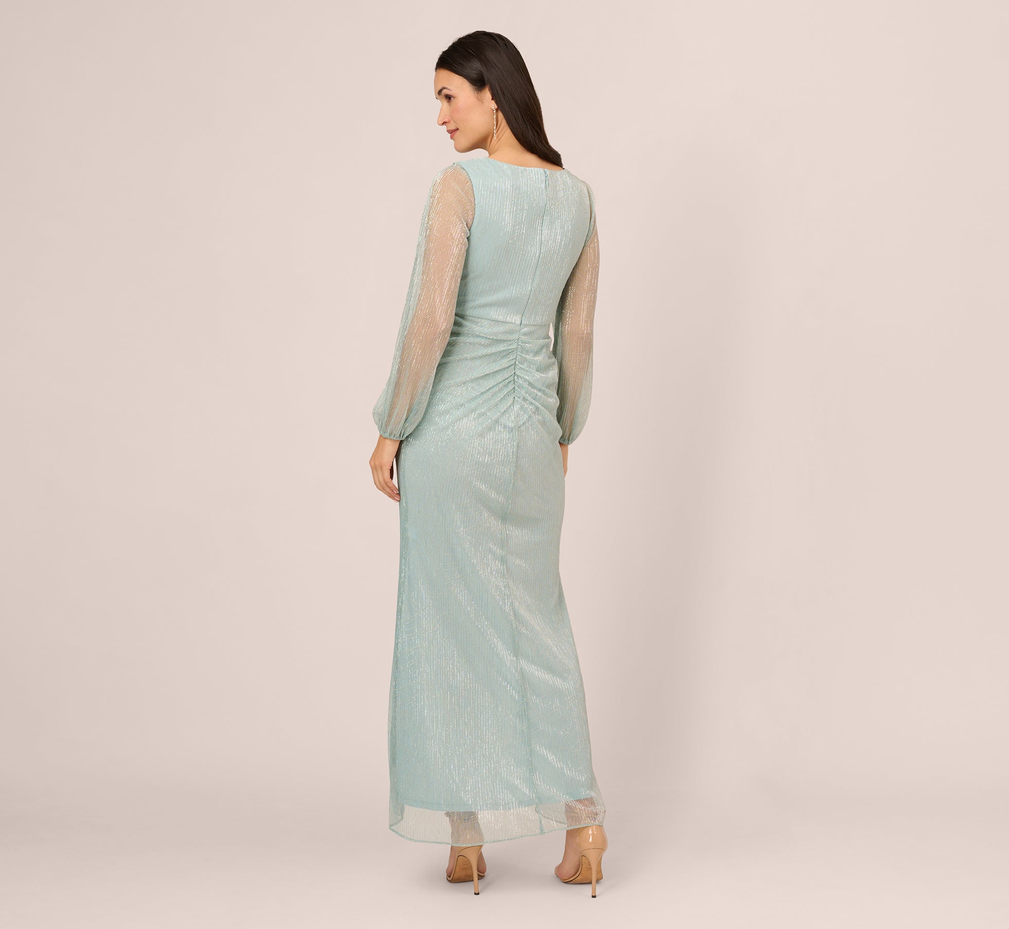 Elegant Crinkle Metallic Gown with Sheer Bishop Sleeves & Draped Details in Mint Smoke - Perfect for Evening Galas, Prom Dances & Formal Events