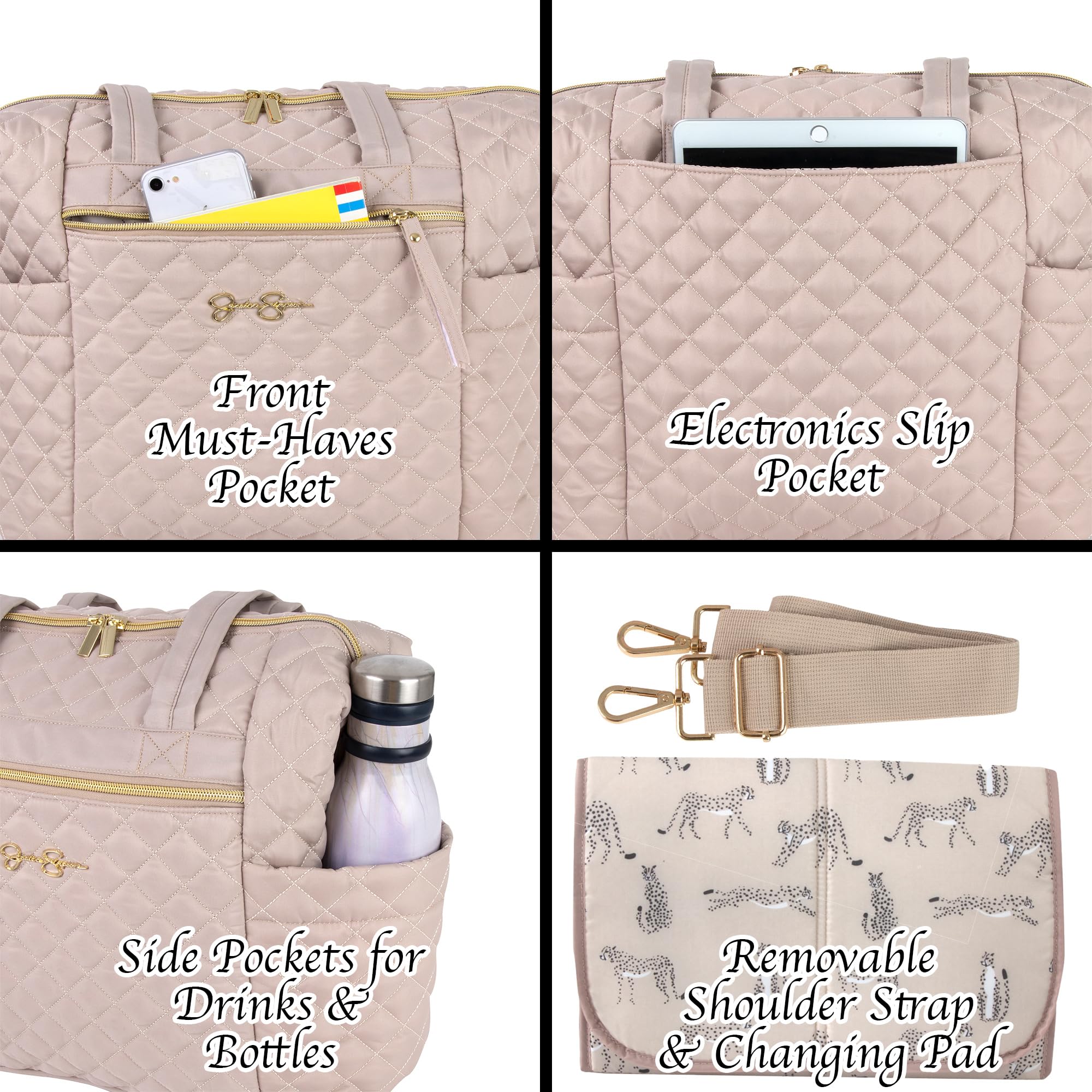 Jessica Simpson Quilted Crossbody Diaper Bag & Tote Purse Set for Baby Girls & Boys - Includes Changing Pad & Insulated Compartment | Perfect for Travel, Shopping & On-the-Go Parenting