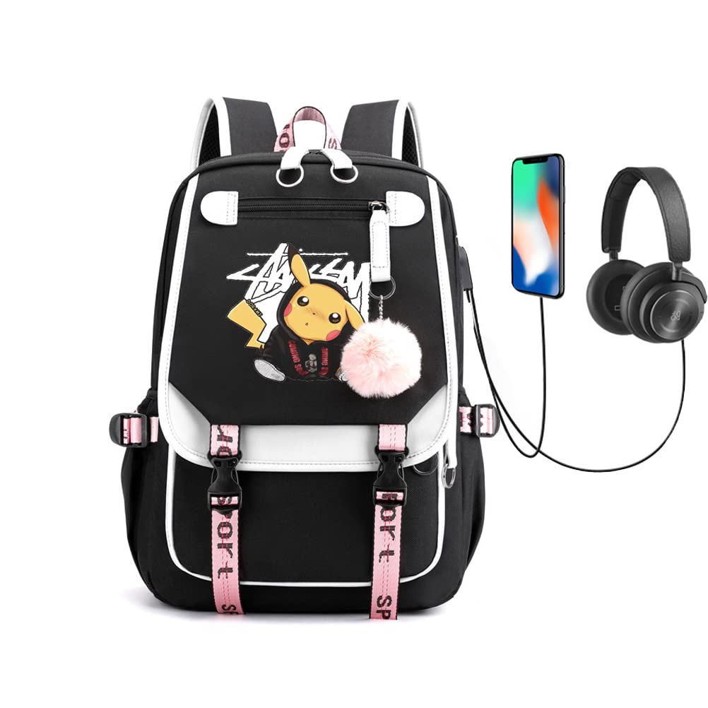 WZCSLM 15.6 Inch USB Charging Laptop Backpack - Stylish College School Bag for Teens & Adults, Water-Resistant Daypack with Night Glow Cartoon Pattern (Black/White) - Perfect for Work, Travel & Campus Life