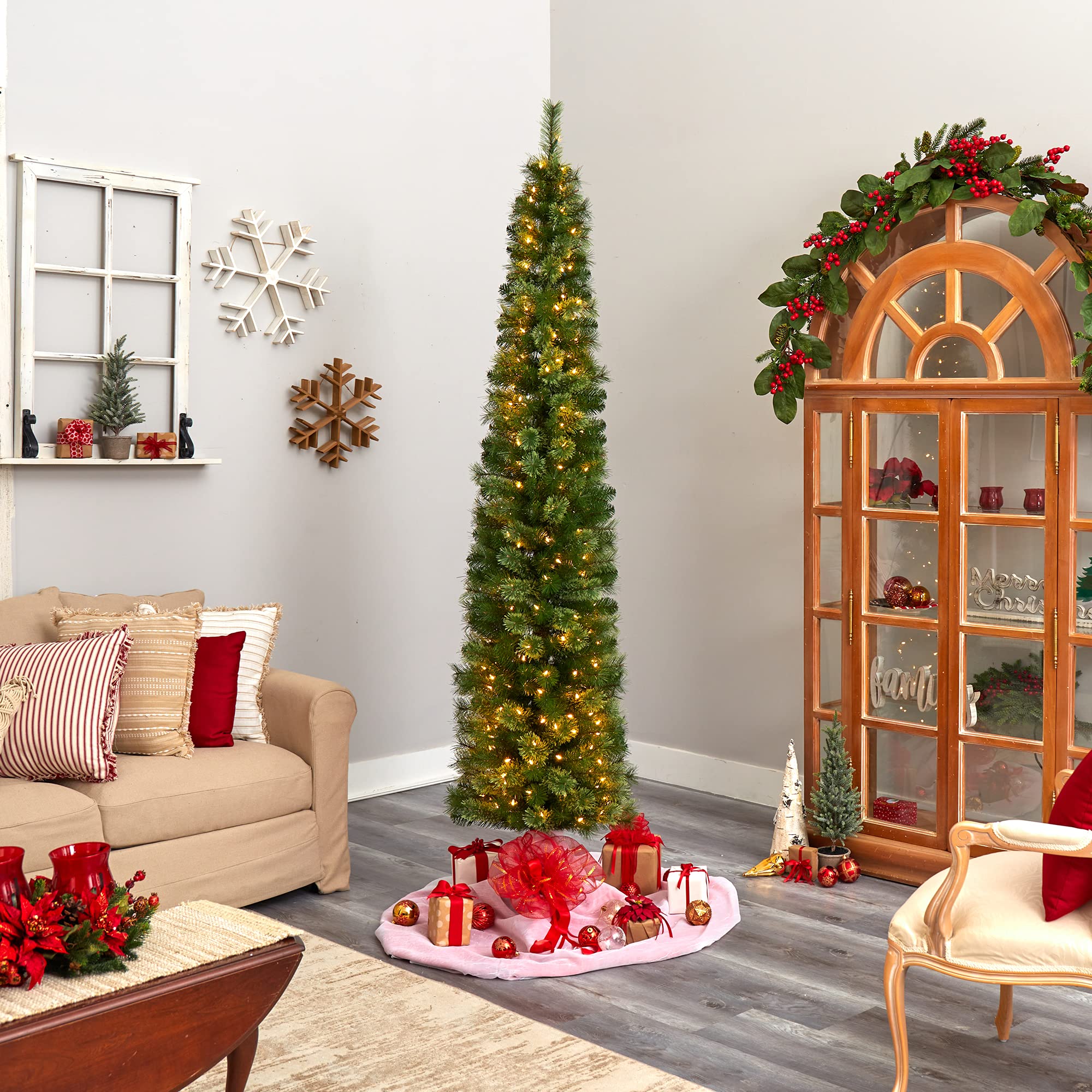 Nearly Natural 8ft Green Pencil Artificial Christmas Tree with 200 Clear LED Lights & 402 Bendable Branches | Slim Holiday Decor for Small Spaces, Apartments & Office Christmas Decorations