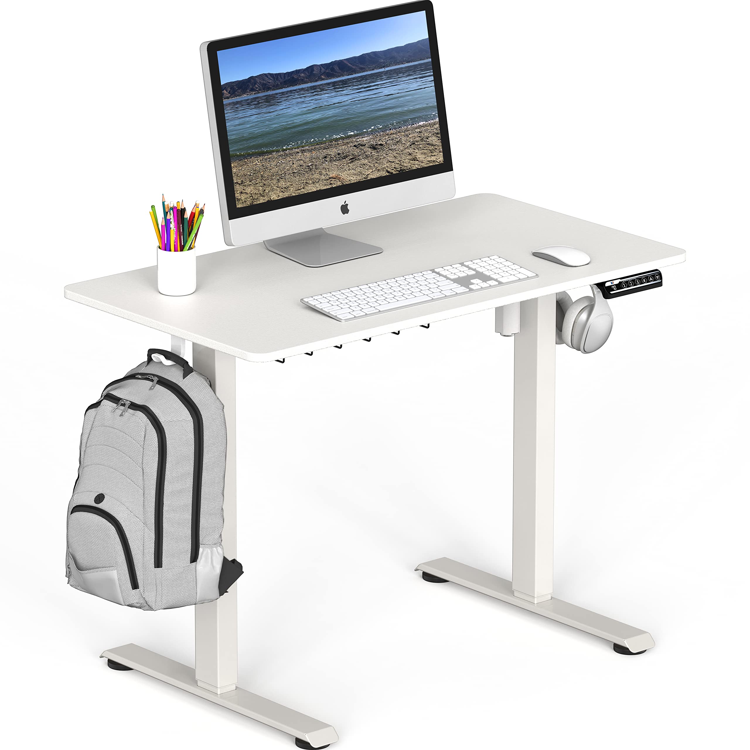 40 x 22 Inches Electric Height Adjustable Standing Desk - White Frame & Top with Hanging Hooks & Cable Management | Perfect for Home Office, Gaming & Workspace Ergonomics