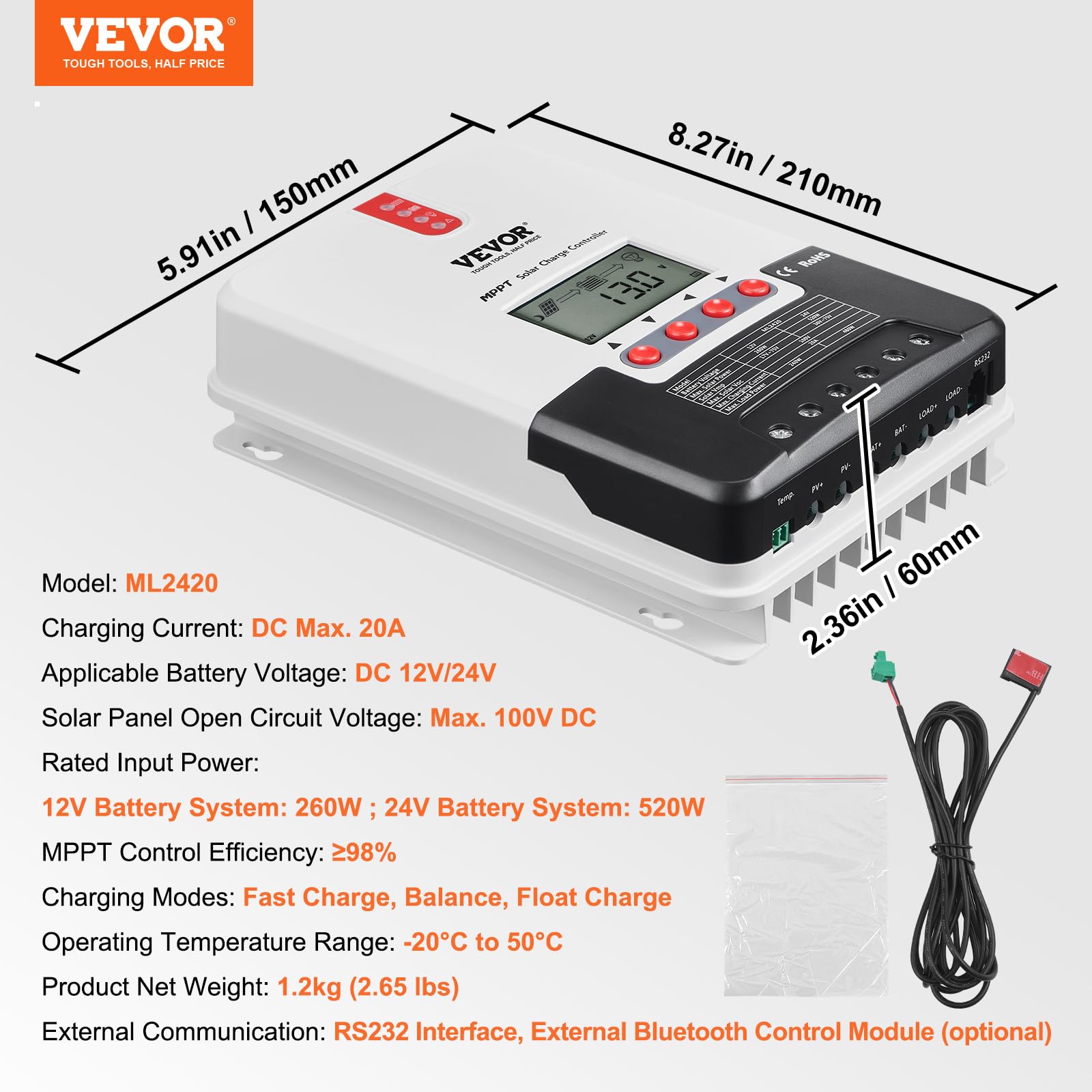 VEVOR 20A MPPT Solar Charge Controller 12V/24V Auto DC Input - LCD Display with Temperature Sensor for AGM, Gel, Flooded & Lithium Batteries - Perfect for RV, Marine, Off-Grid Solar Systems & Home Backup Power