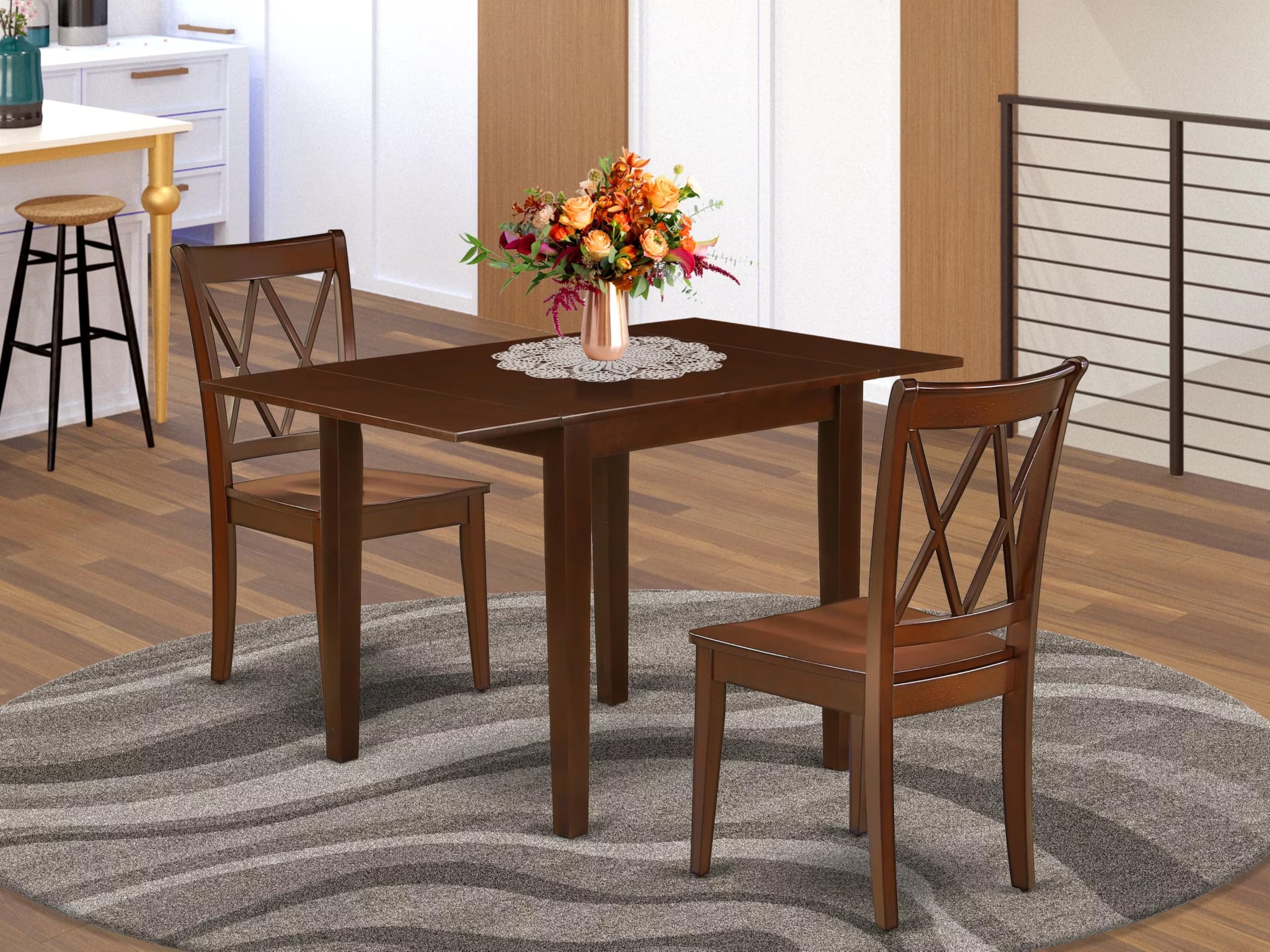 East West Furniture NDCL3-MAH-W 3-Piece Mahogany Dining Set with Extendable Table & 2 Wooden Chairs (30x48 Inch) - Perfect for Small Spaces, Breakfast Nooks & Cozy Apartments