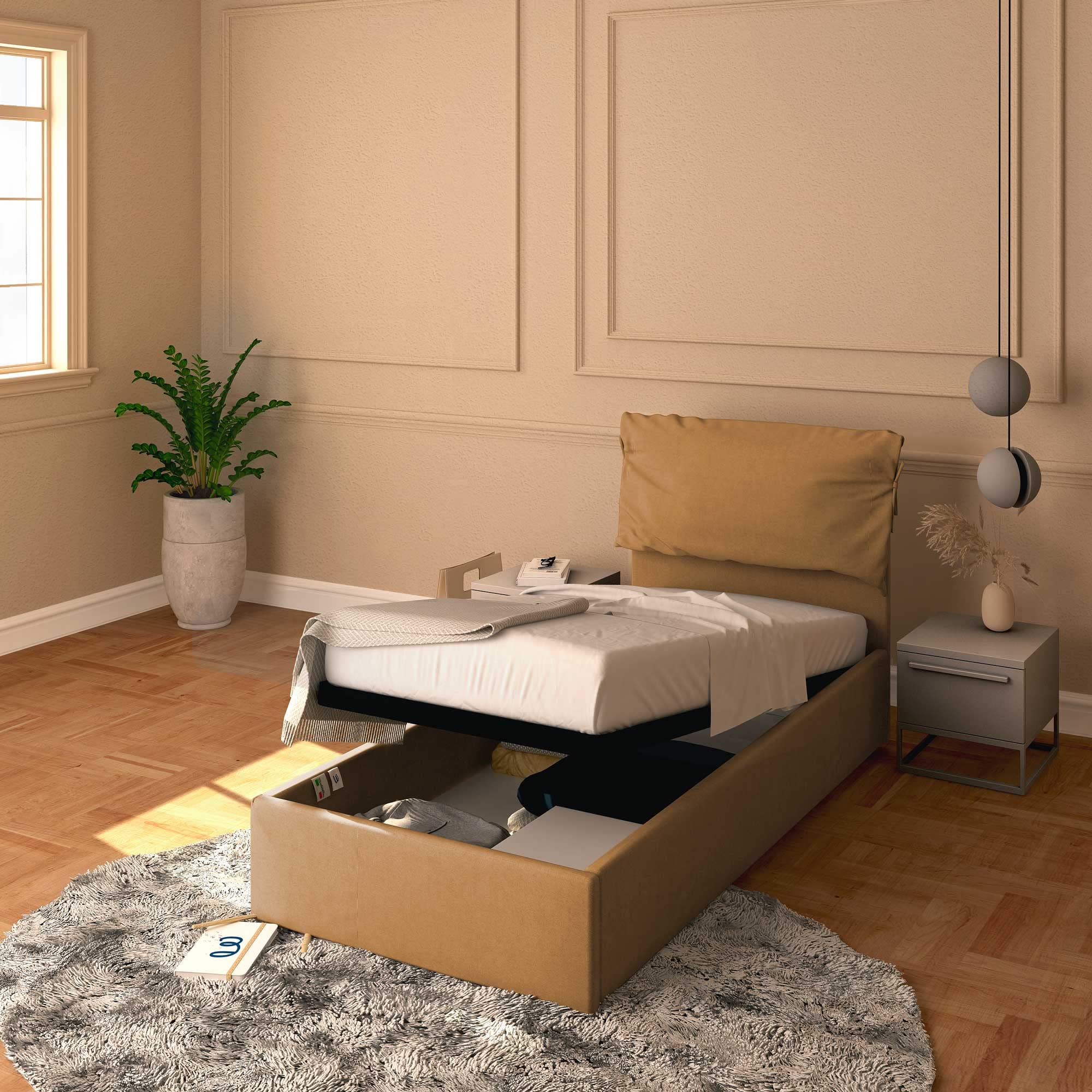 Baldiflex Licia Soft Single Bed with Storage - Synthetic Leather Upholstery, Slatted Base for Single Mattress, 80 x 190 cm, Extra Padded Headboard, Light Brown - Perfect for Small Bedrooms, Guest Rooms & Studio Apartments