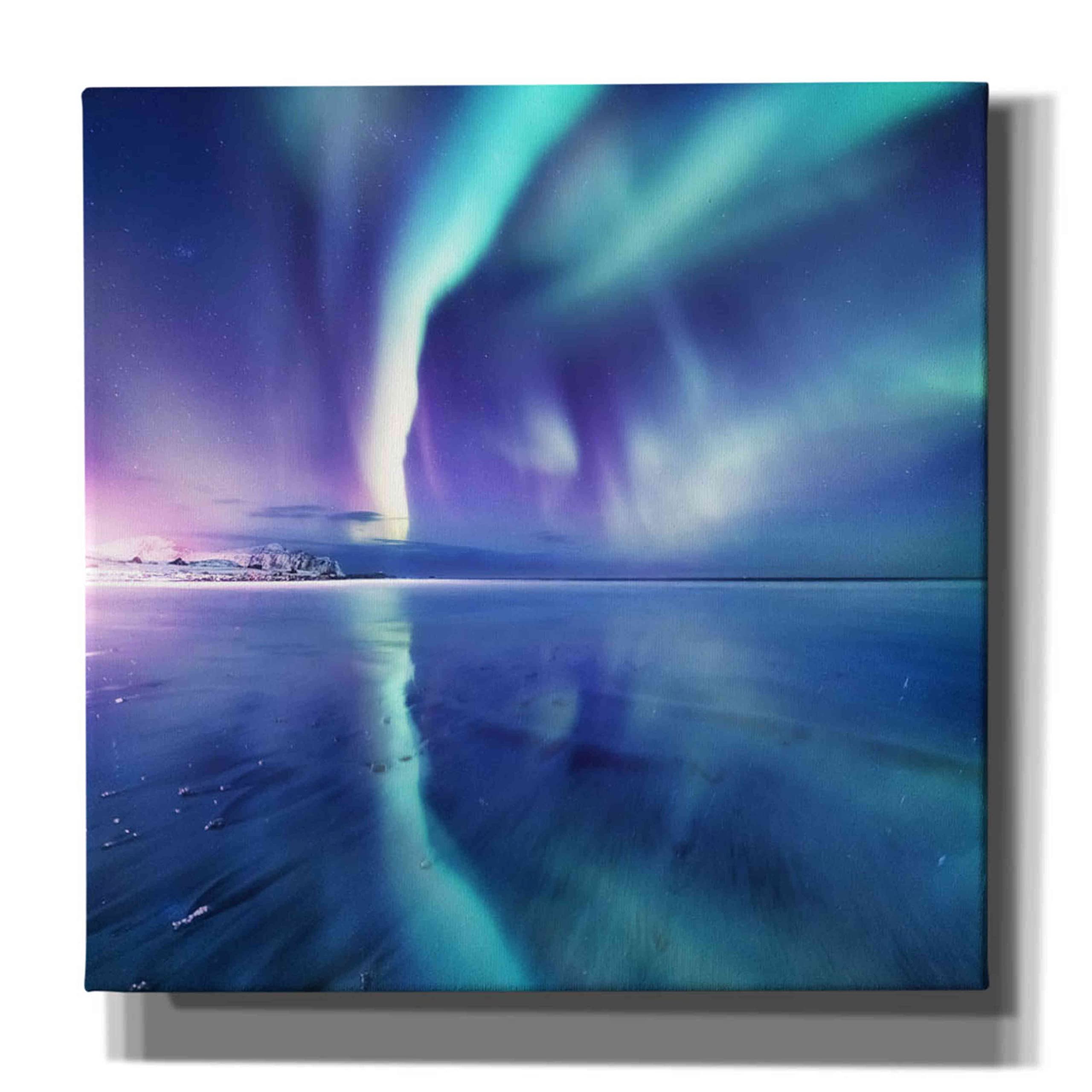 Epic Graffiti 'Northern Lights in The Lofoten Islands Norway 4' Giclee Canvas Wall Art - 37x37 Inches - Stunning Aurora Borealis Landscape Painting for Living Room, Bedroom & Office Decor