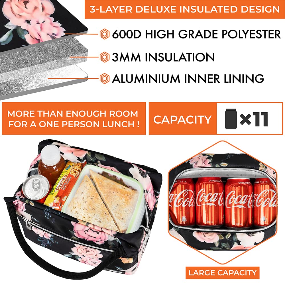 Insulated Lunch Bag for Women & Girls - Reusable Cooler Tote for Work, School, Travel & Picnic - Fits 11 Cans - Floral Rose Design Lunch Box for Adults - Perfect for Office, Hiking and Daily Commute
